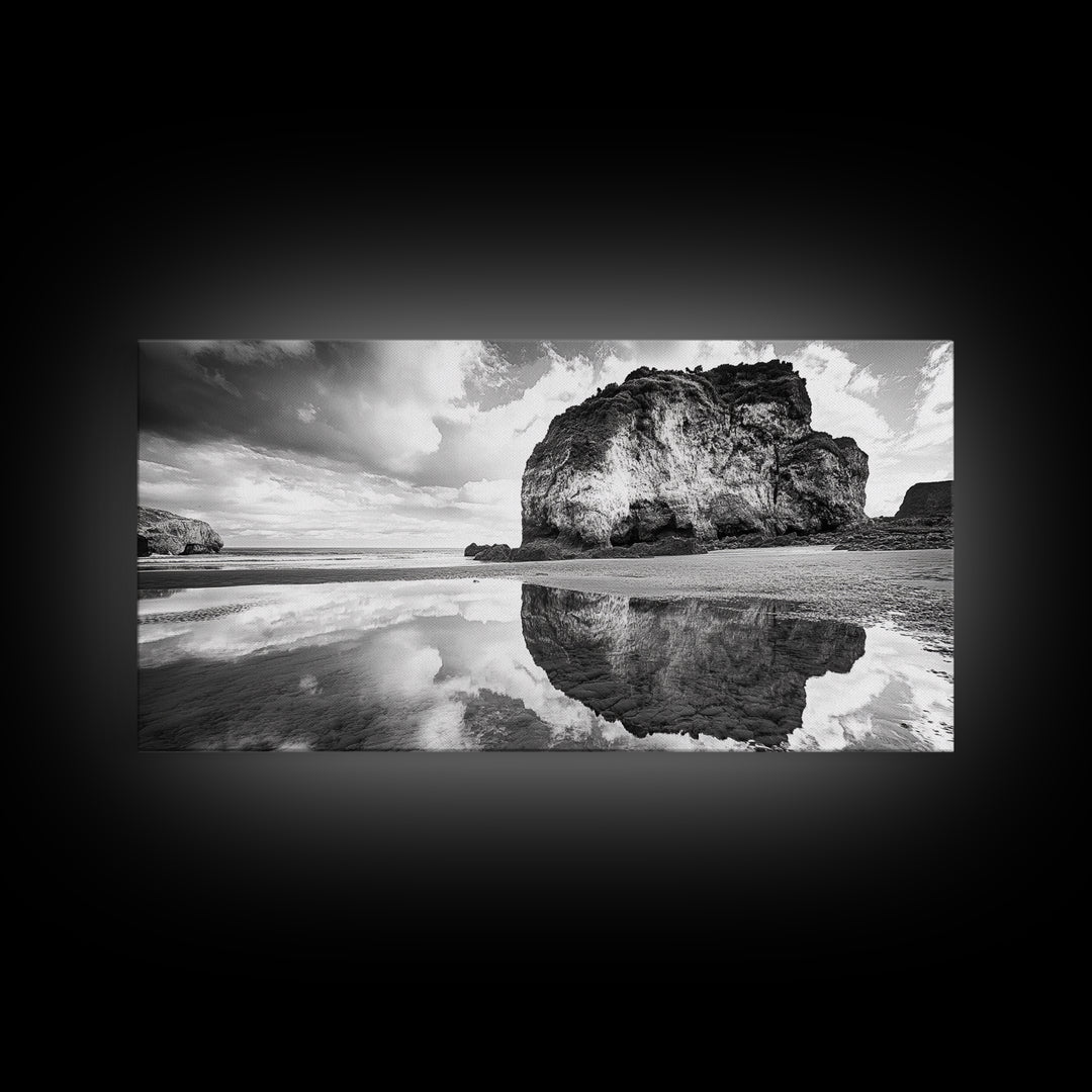 Beach Reflection, Seaside Rock, Cloudy Horizon, Coastal View, Framed Canvas Print, Minimalist Wall Art, Bathroom Ocean Decor