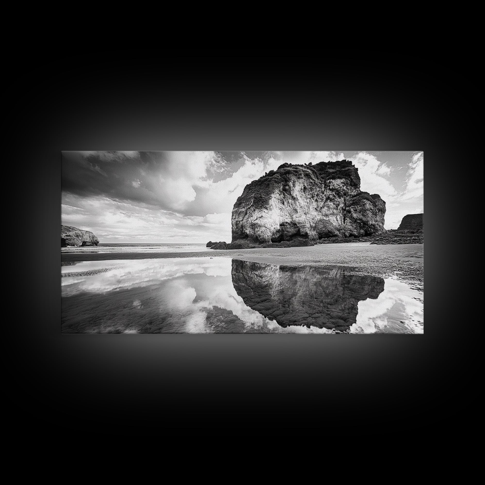 Beach Reflection, Seaside Rock, Cloudy Horizon, Coastal View, Framed Canvas Print, Minimalist Wall Art, Bathroom Ocean Decor