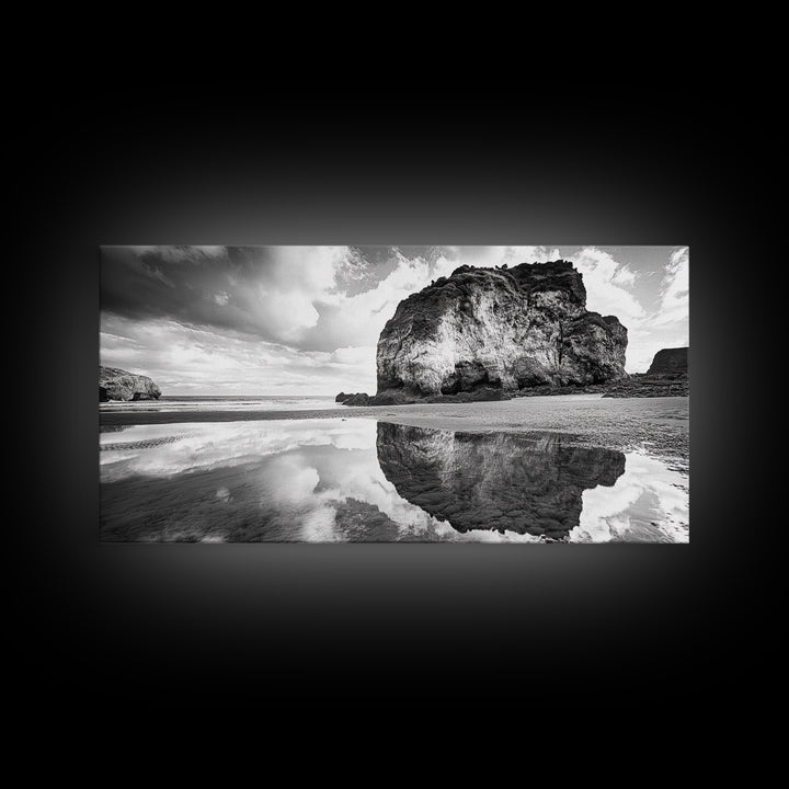 Beach Reflection, Seaside Rock, Cloudy Horizon, Coastal View, Framed Canvas Print, Minimalist Wall Art, Bathroom Ocean Decor