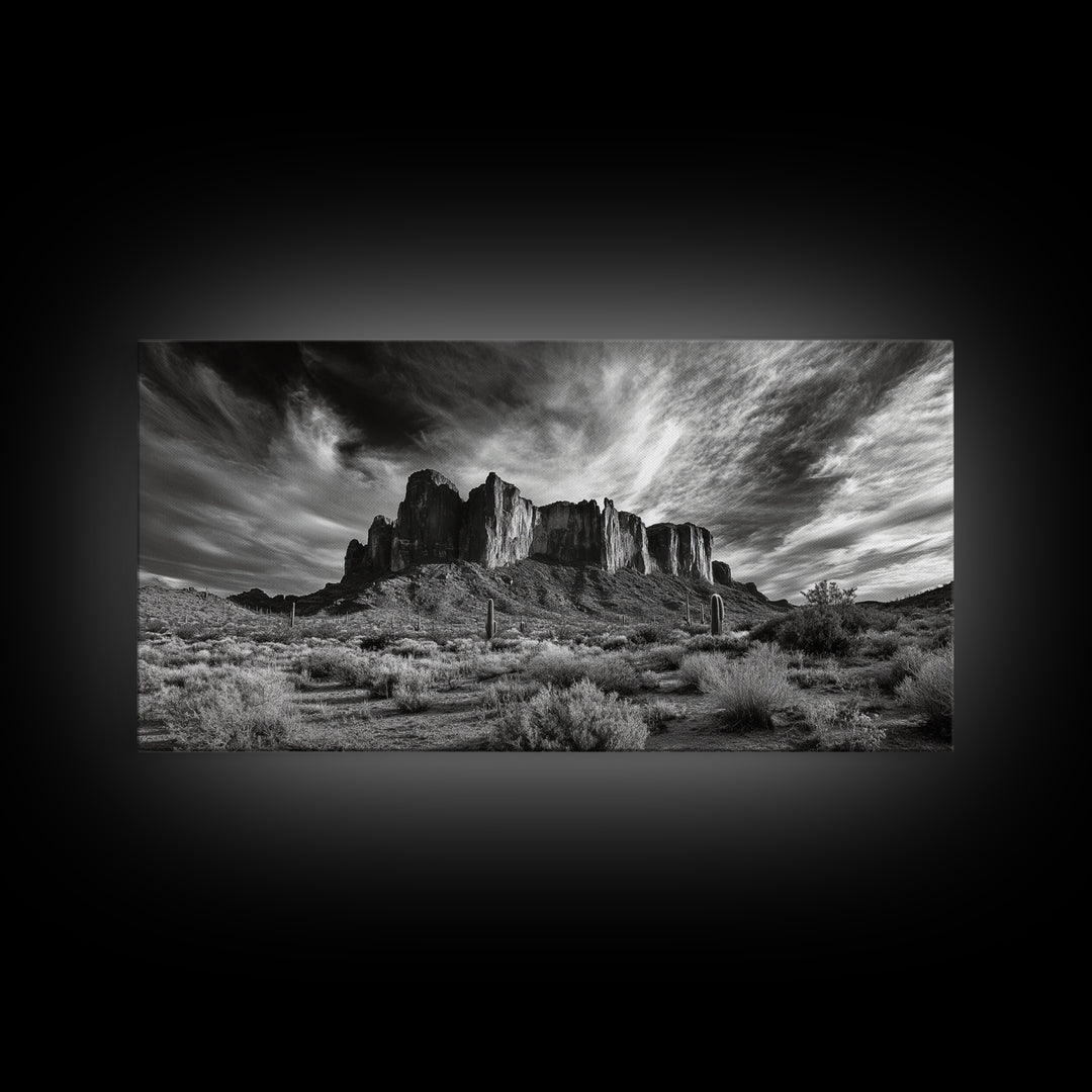 Desert Mesa, Dramatic Sky, Western Landscape, Cactus Field, Framed Canvas Print, Rustic Wall Art, Living Room Southwest Decor