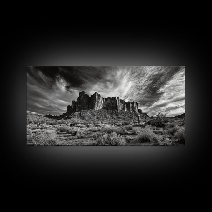 Desert Mesa, Dramatic Sky, Western Landscape, Cactus Field, Framed Canvas Print, Rustic Wall Art, Living Room Southwest Decor