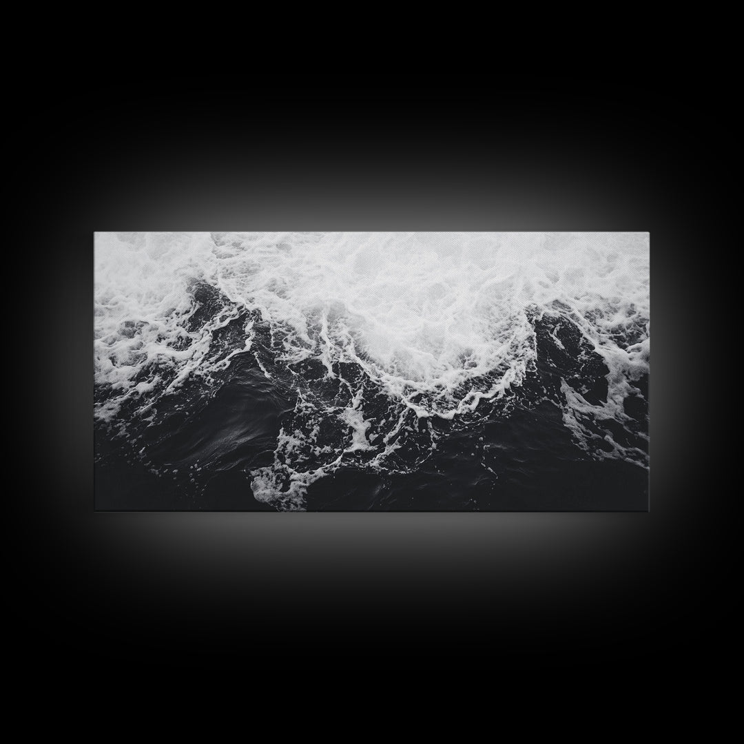 Ocean Texture, Crashing Waves, Abstract Sea, Monochrome Motion, Framed Canvas Print, Coastal Wall Art, Bathroom Minimalist Decor