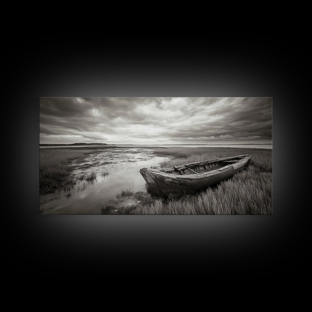 Abandoned Boat, Coastal Marsh Scene, Sepia Seascape, Framed Canvas Print, Living Room Wall Art, Moody Autumn Nautical Decor