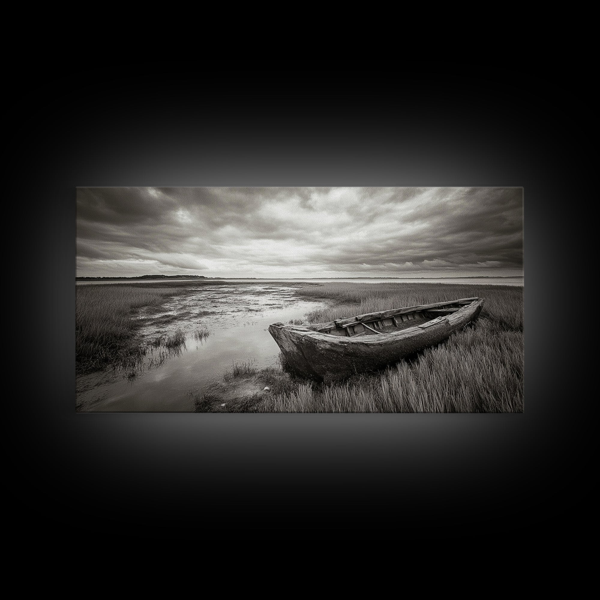Abandoned Boat, Coastal Marsh Scene, Sepia Seascape, Framed Canvas Print, Living Room Wall Art, Moody Autumn Nautical Decor