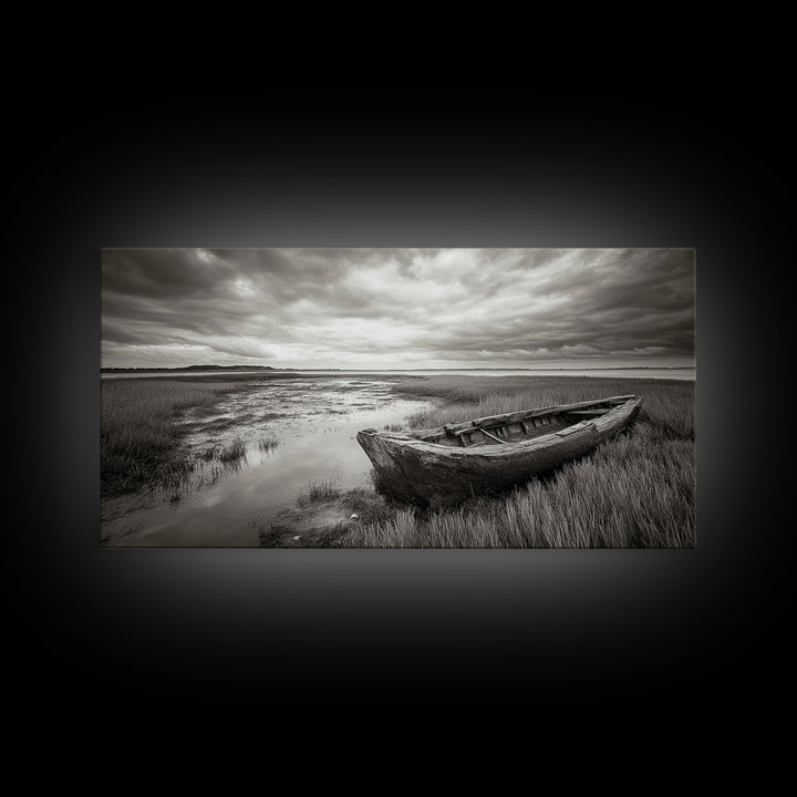 Abandoned Boat, Coastal Marsh Scene, Sepia Seascape, Framed Canvas Print, Living Room Wall Art, Moody Autumn Nautical Decor