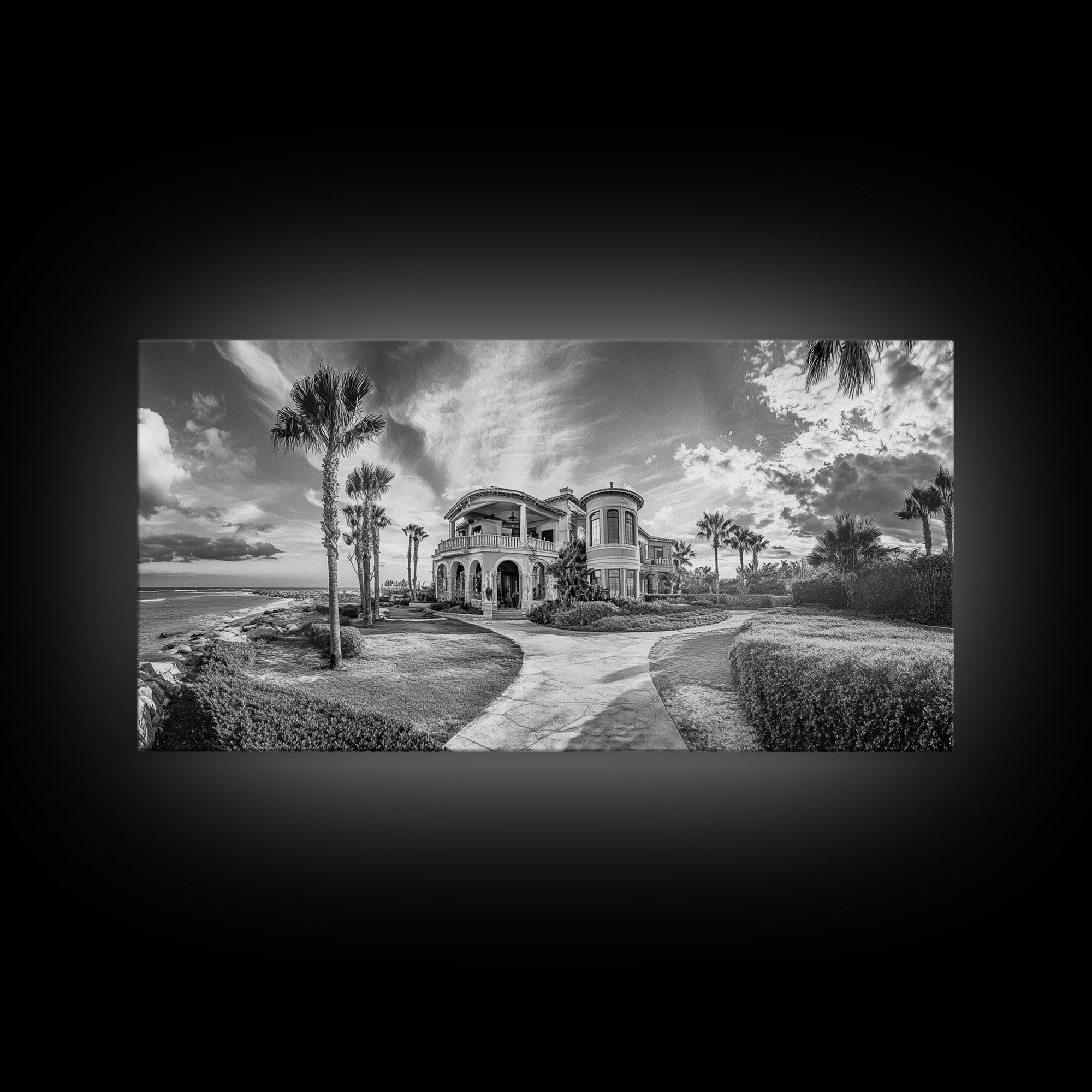 Beach Mansion Wall Art, Tropical Coastal House, Luxury Villa Print, Palm Tree Canvas Print, Living Room Decor, Modern Home Wall Art