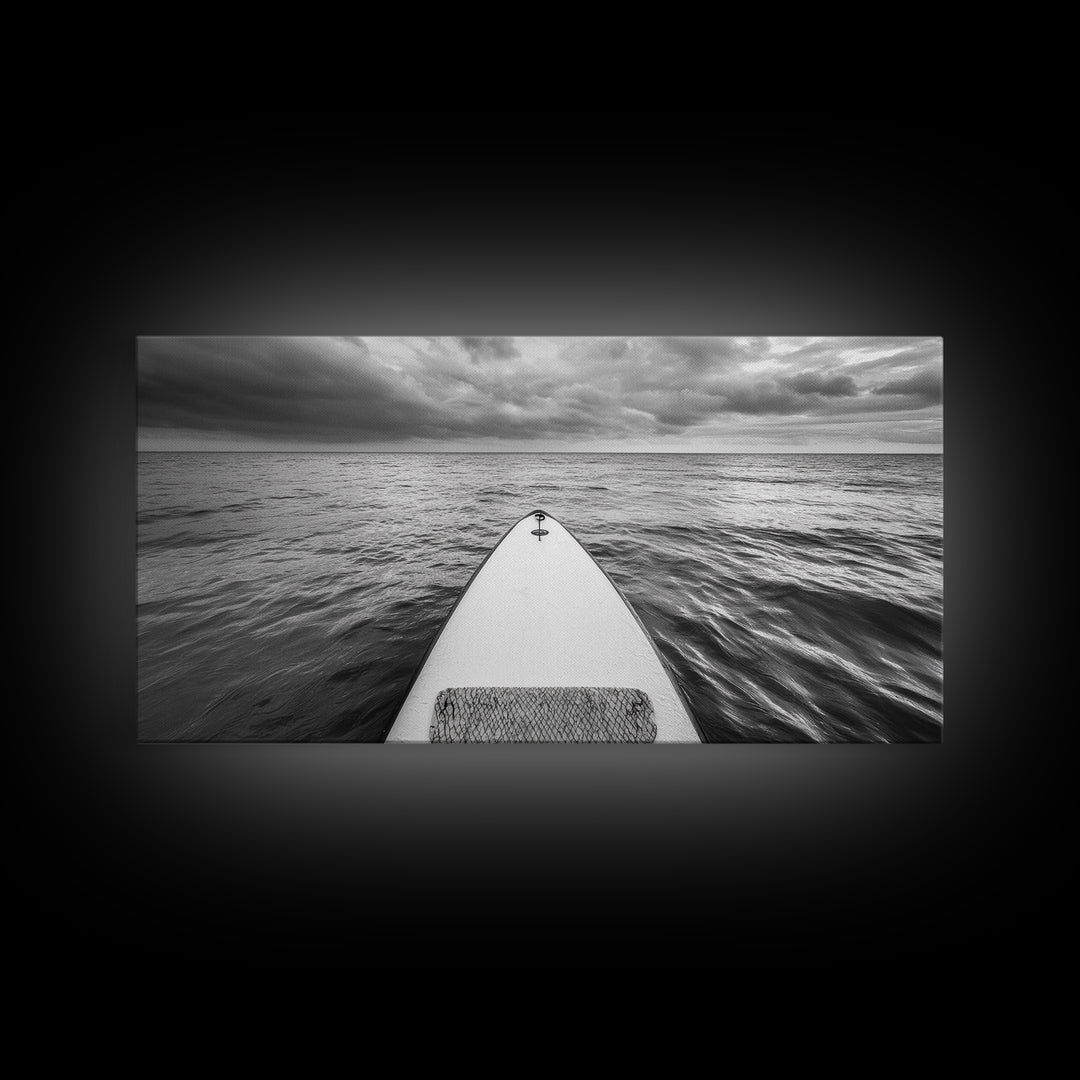 Ocean Horizon Board, Paddleboarding Adventure, Cloudy Sea Landscape, Framed Canvas Print, Modern Coastal Office or Living Room Art