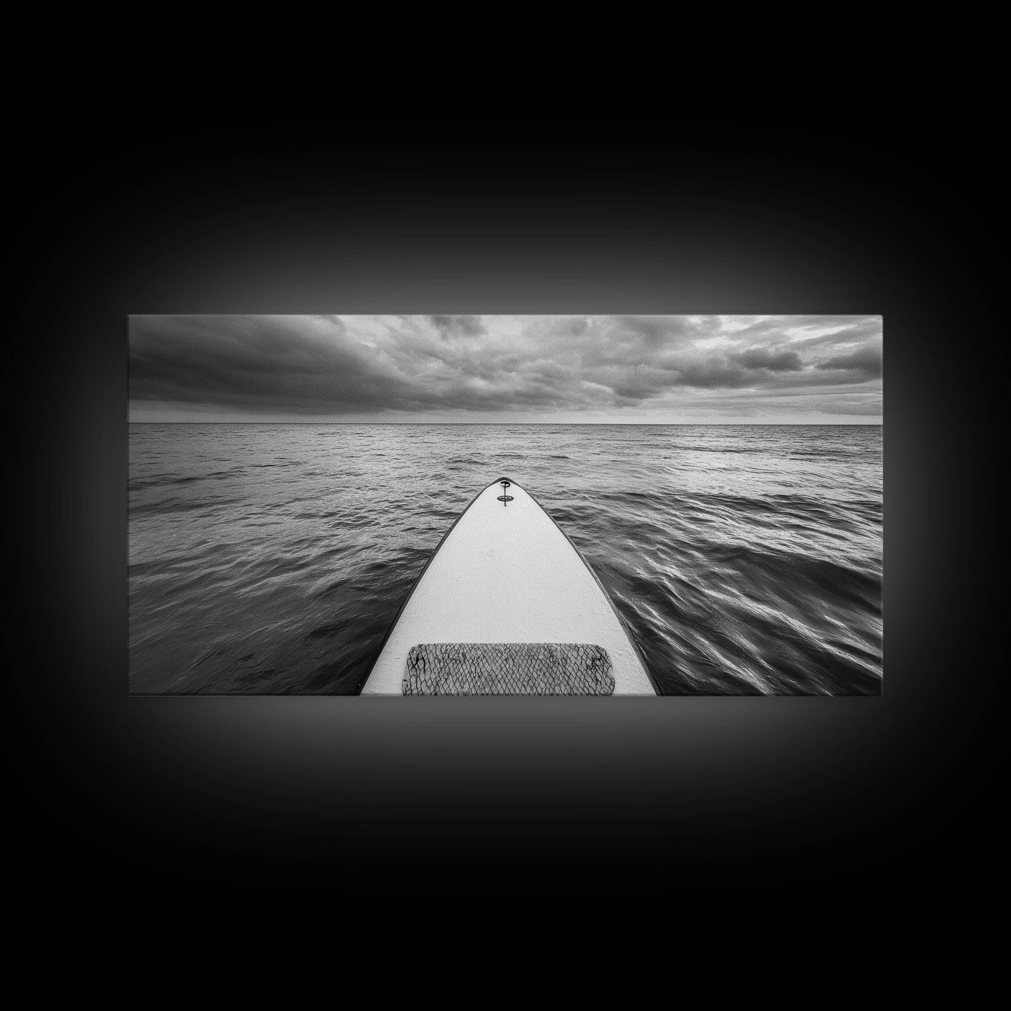 Ocean Horizon Board, Paddleboarding Adventure, Cloudy Sea Landscape, Framed Canvas Print, Modern Coastal Office or Living Room Art