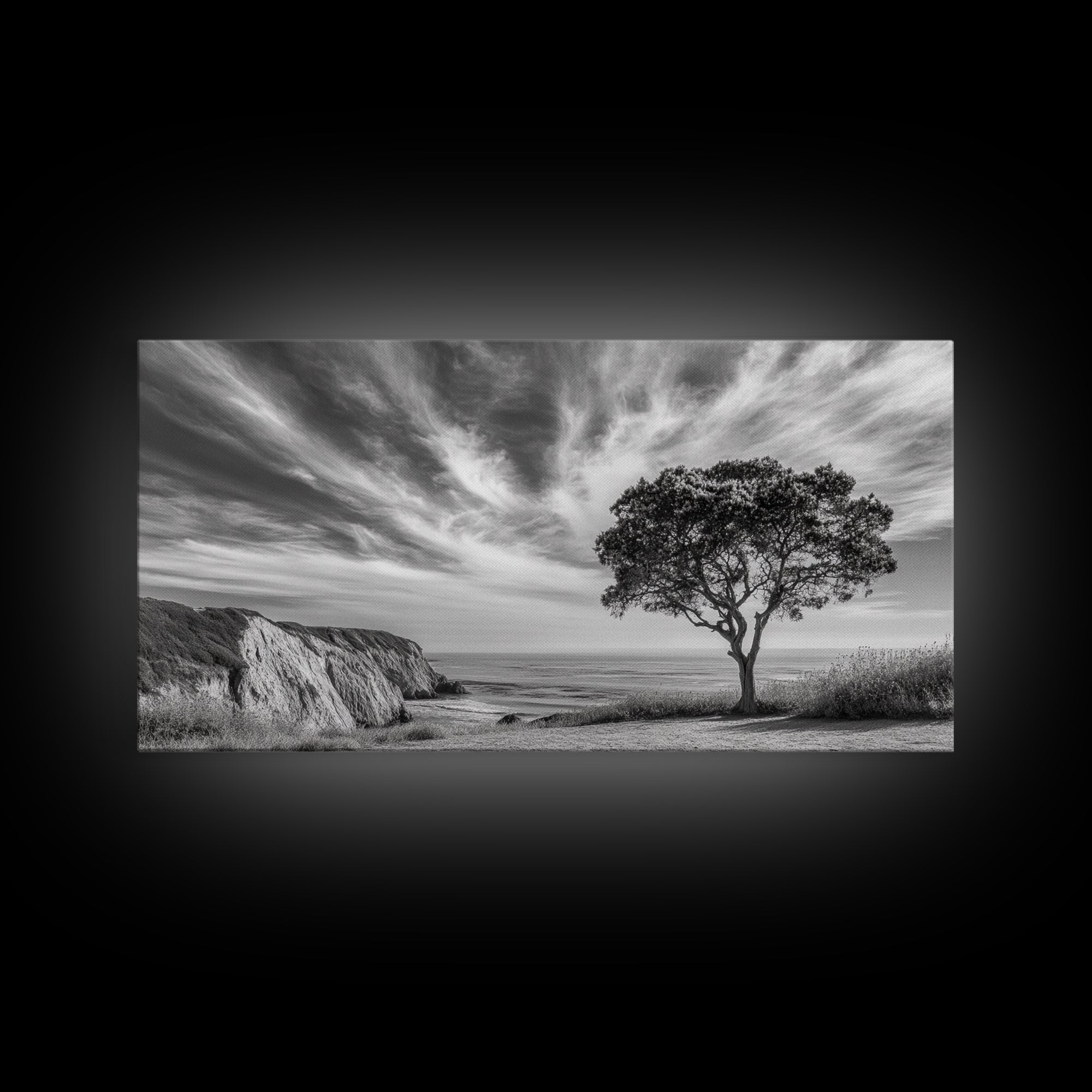 Coastal Tree Cliff, Ocean Breeze Scene, Scenic Nature Vibes, Framed Canvas Print, Boho Bedroom or Serene Living Room Wall Art