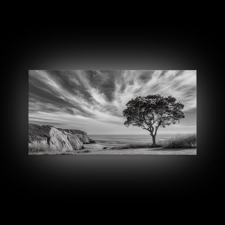 Coastal Tree Cliff, Ocean Breeze Scene, Scenic Nature Vibes, Framed Canvas Print, Boho Bedroom or Serene Living Room Wall Art