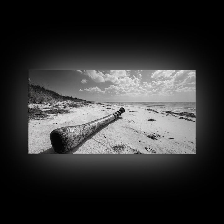 Abandoned Beach Pipe, Surreal Coastal Scene, Washed Ashore Photography, Framed Canvas Print, Moody Living Room or Fall Wall Art
