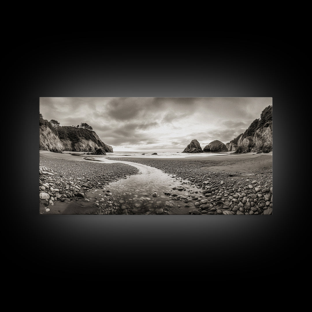 Coastal Pebble Beach, Pacific Shoreline, Serene Nature Landscape, Framed Canvas Print, Neutral Bedroom or Fall Living Room Wall Art