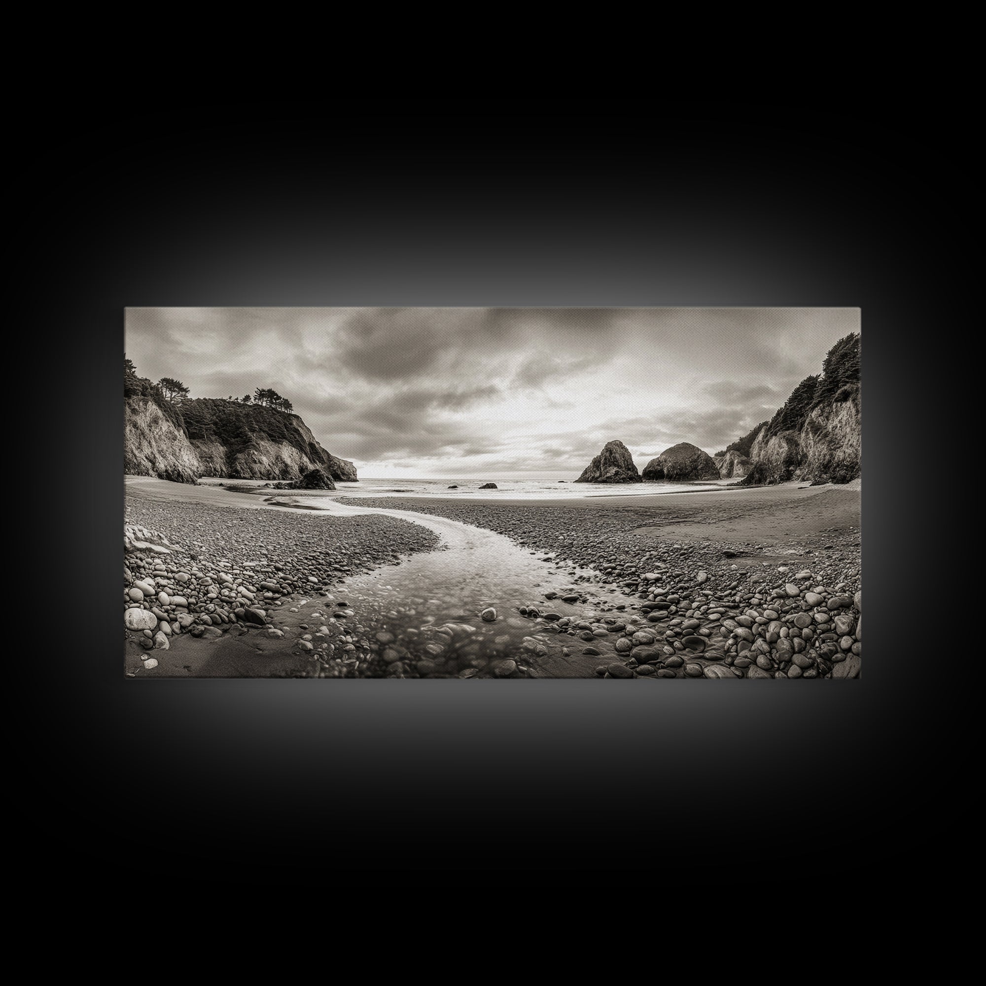 Coastal Pebble Beach, Pacific Shoreline, Serene Nature Landscape, Framed Canvas Print, Neutral Bedroom or Fall Living Room Wall Art