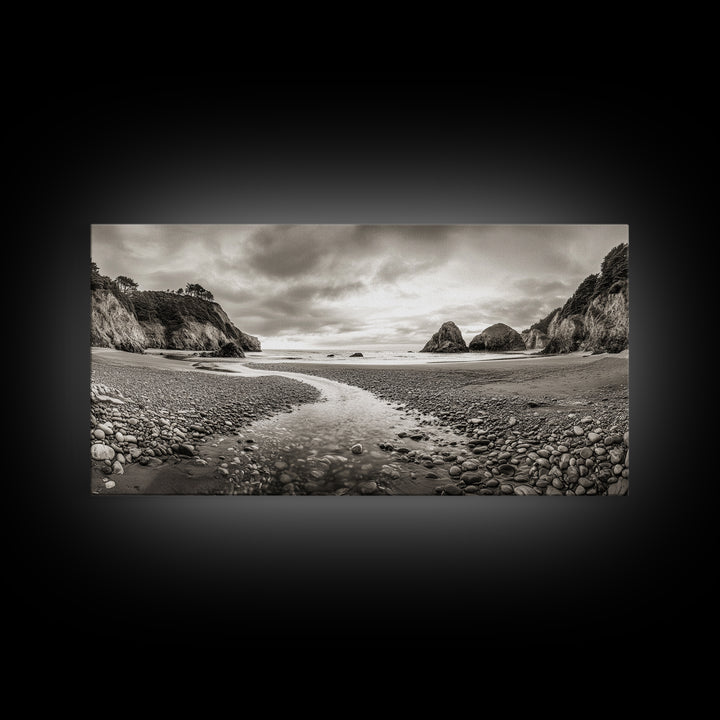 Coastal Pebble Beach, Pacific Shoreline, Serene Nature Landscape, Framed Canvas Print, Neutral Bedroom or Fall Living Room Wall Art