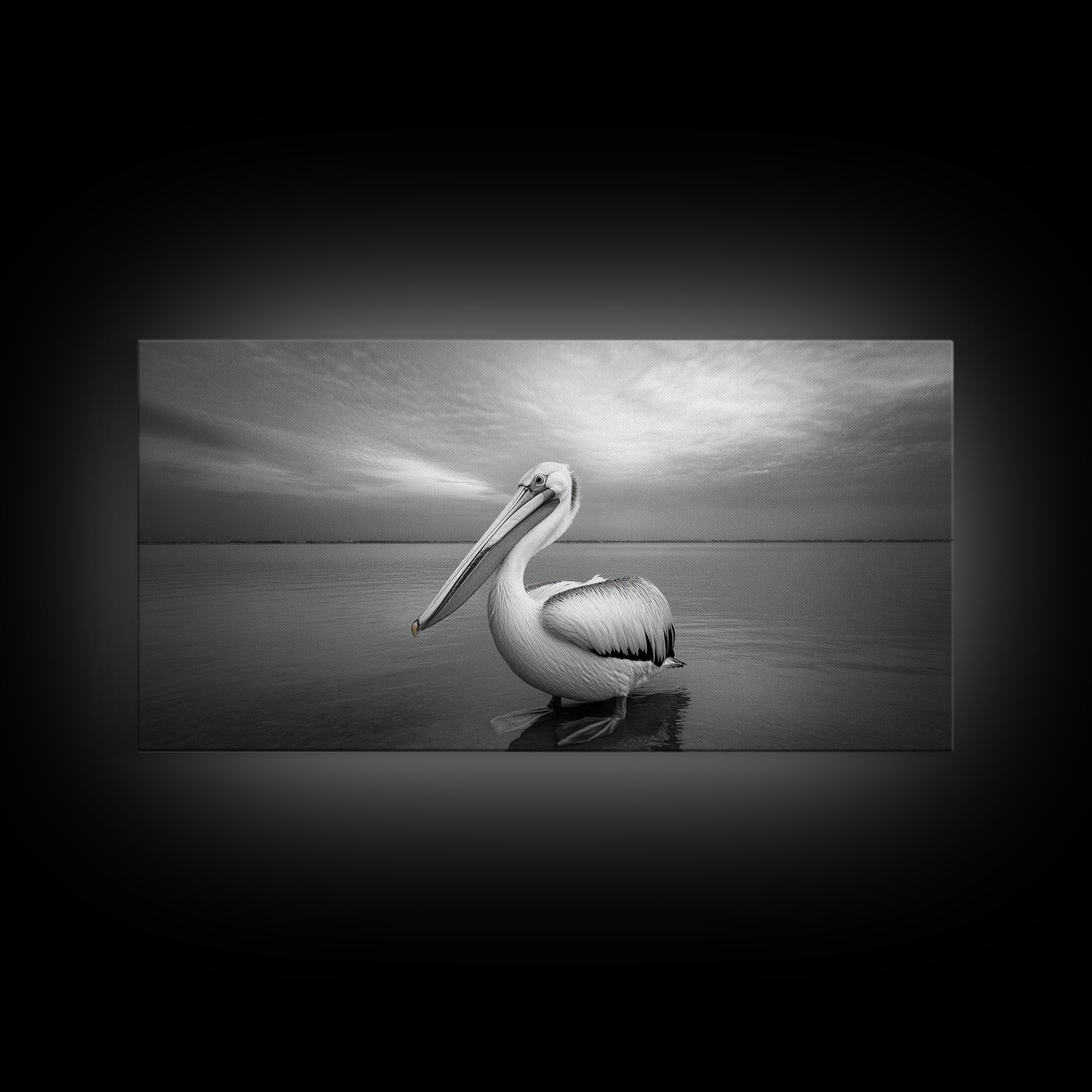 Ocean Pelican, Peaceful Bird Portrait, Coastal Wildlife Art, Framed Canvas Print, Minimalist Entryway or Beach House Wall Art