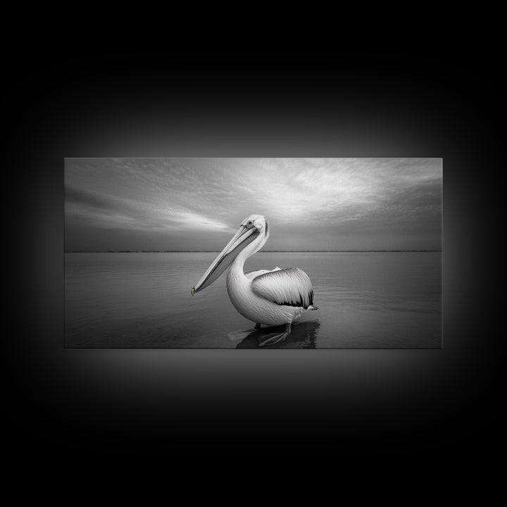 Ocean Pelican, Peaceful Bird Portrait, Coastal Wildlife Art, Framed Canvas Print, Minimalist Entryway or Beach House Wall Art