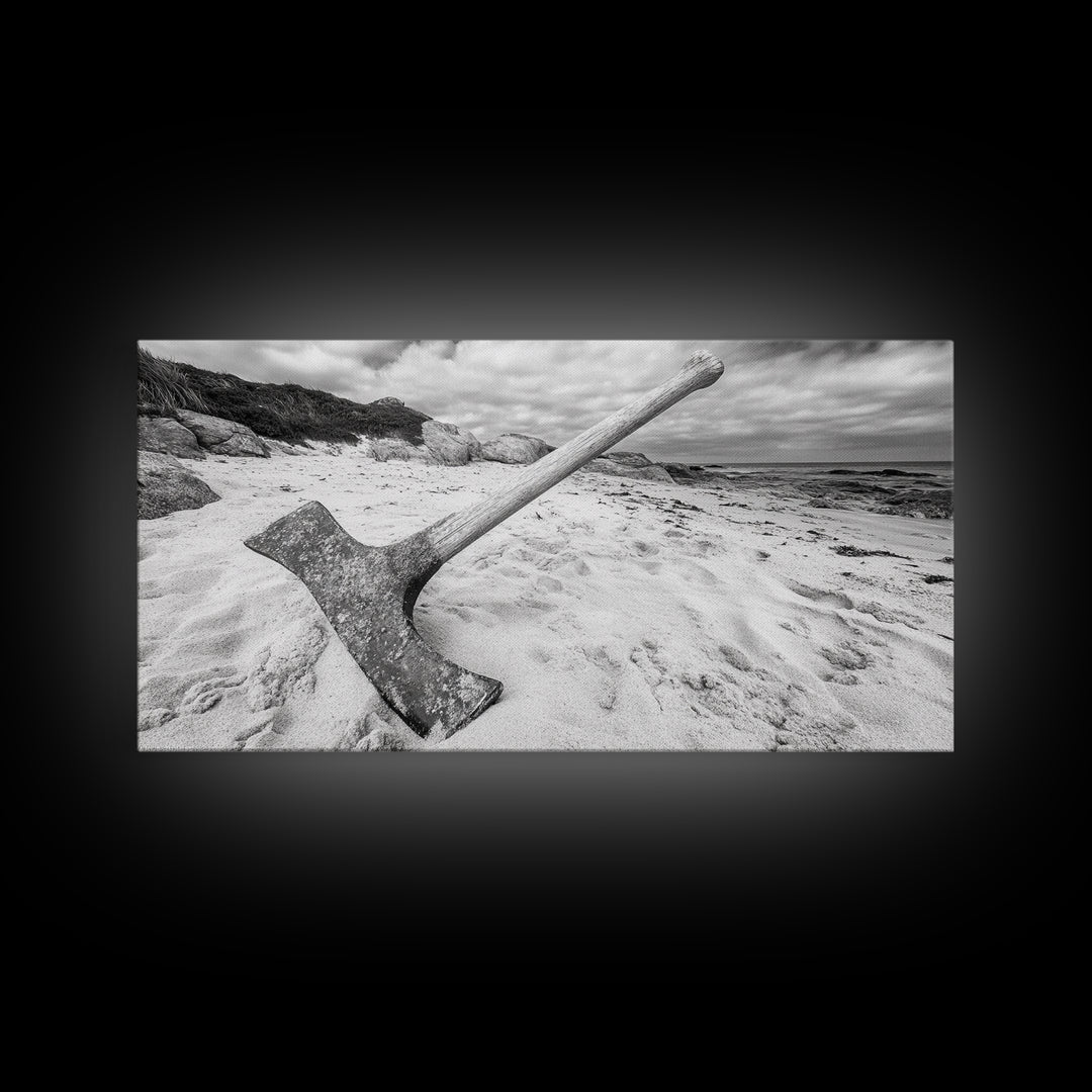 Axe in Sand, Abandoned Tool Scene, Rustic Coastal Mood, Framed Canvas Print, Cabin Wall Art or Moody Fall Living Room Decor, Bathroom Wall Art