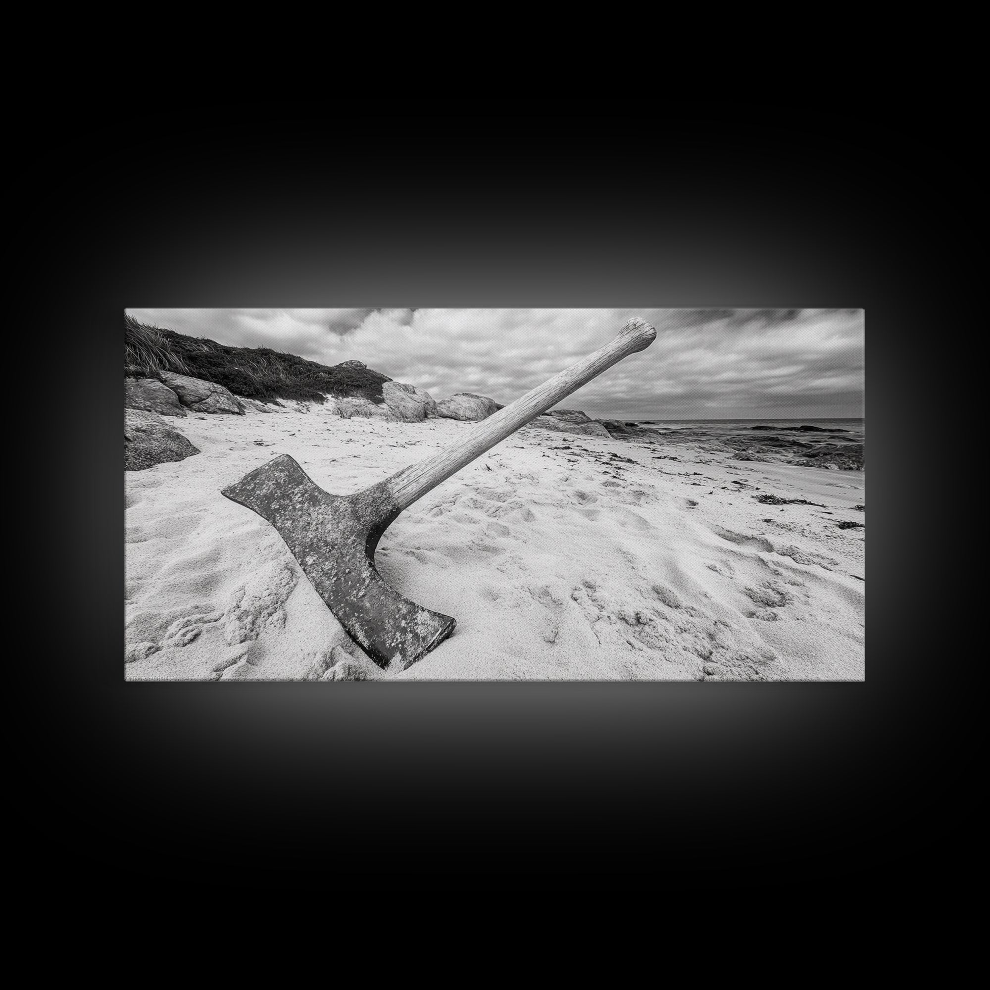 Axe in Sand, Abandoned Tool Scene, Rustic Coastal Mood, Framed Canvas Print, Cabin Wall Art or Moody Fall Living Room Decor, Bathroom Wall Art