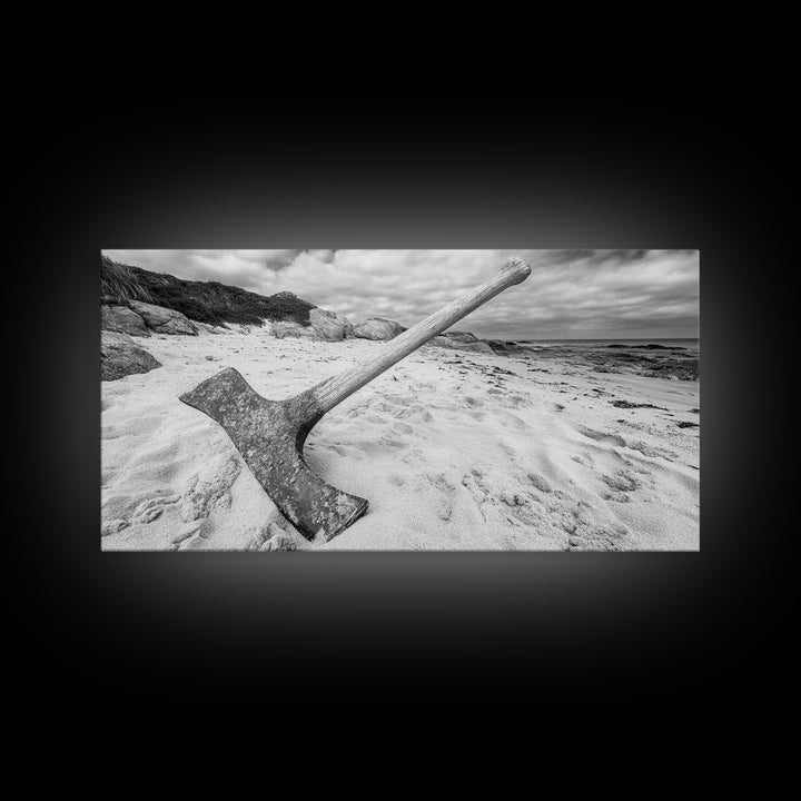 Axe in Sand, Abandoned Tool Scene, Rustic Coastal Mood, Framed Canvas Print, Cabin Wall Art or Moody Fall Living Room Decor, Bathroom Wall Art