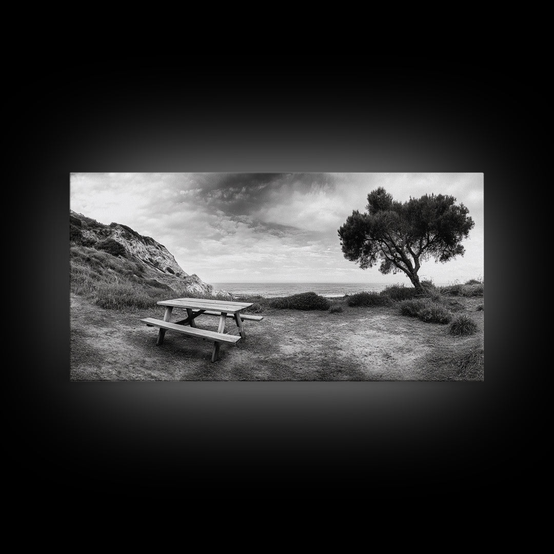 Picnic Table View, Coastal Meadow Scene, Tree and Cliff Horizon, Framed Canvas Print, Relaxing Kitchen or Outdoor Patio Wall Art
