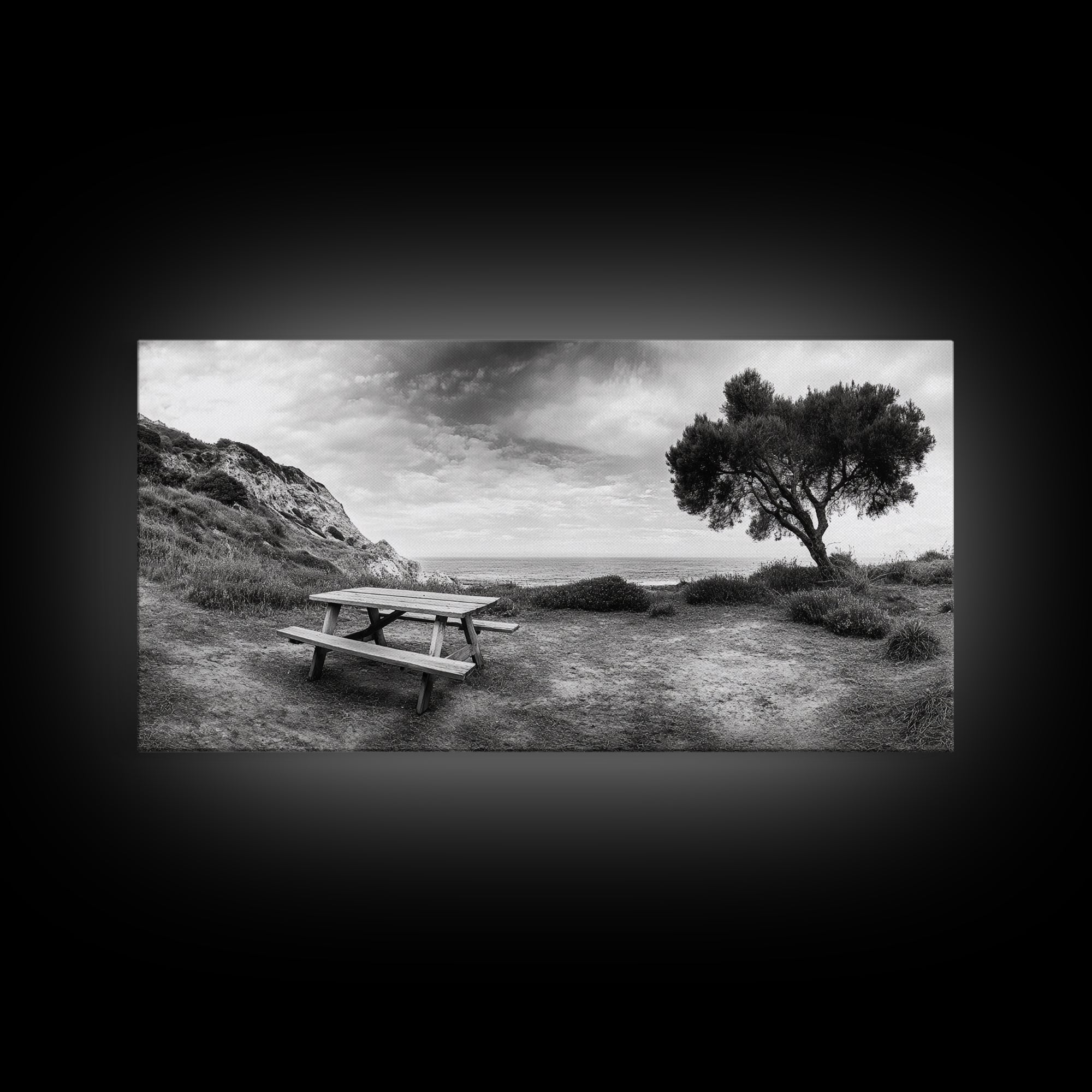 Picnic Table View, Coastal Meadow Scene, Tree and Cliff Horizon, Framed Canvas Print, Relaxing Kitchen or Outdoor Patio Wall Art