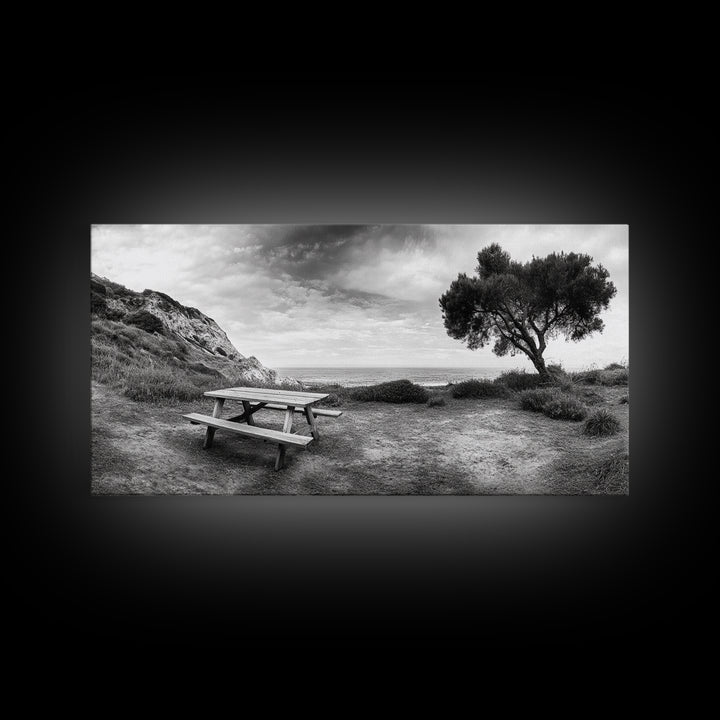 Picnic Table View, Coastal Meadow Scene, Tree and Cliff Horizon, Framed Canvas Print, Relaxing Kitchen or Outdoor Patio Wall Art