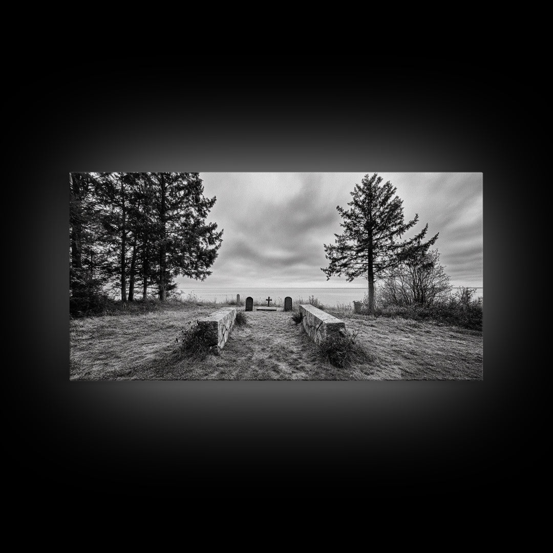 Coastal Graveyard, Moody Seascape, Quiet Reflection Scene, Framed Canvas Print, Gothic Office or Haunted Fall Wall Art Decor, Hallway Wall Art