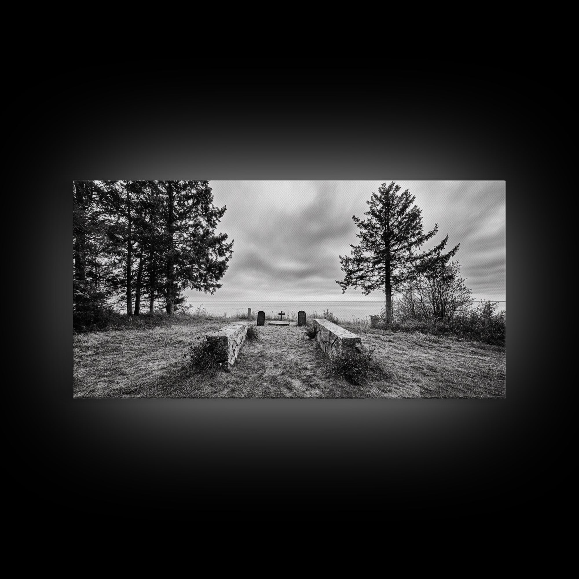 Coastal Graveyard, Moody Seascape, Quiet Reflection Scene, Framed Canvas Print, Gothic Office or Haunted Fall Wall Art Decor, Hallway Wall Art