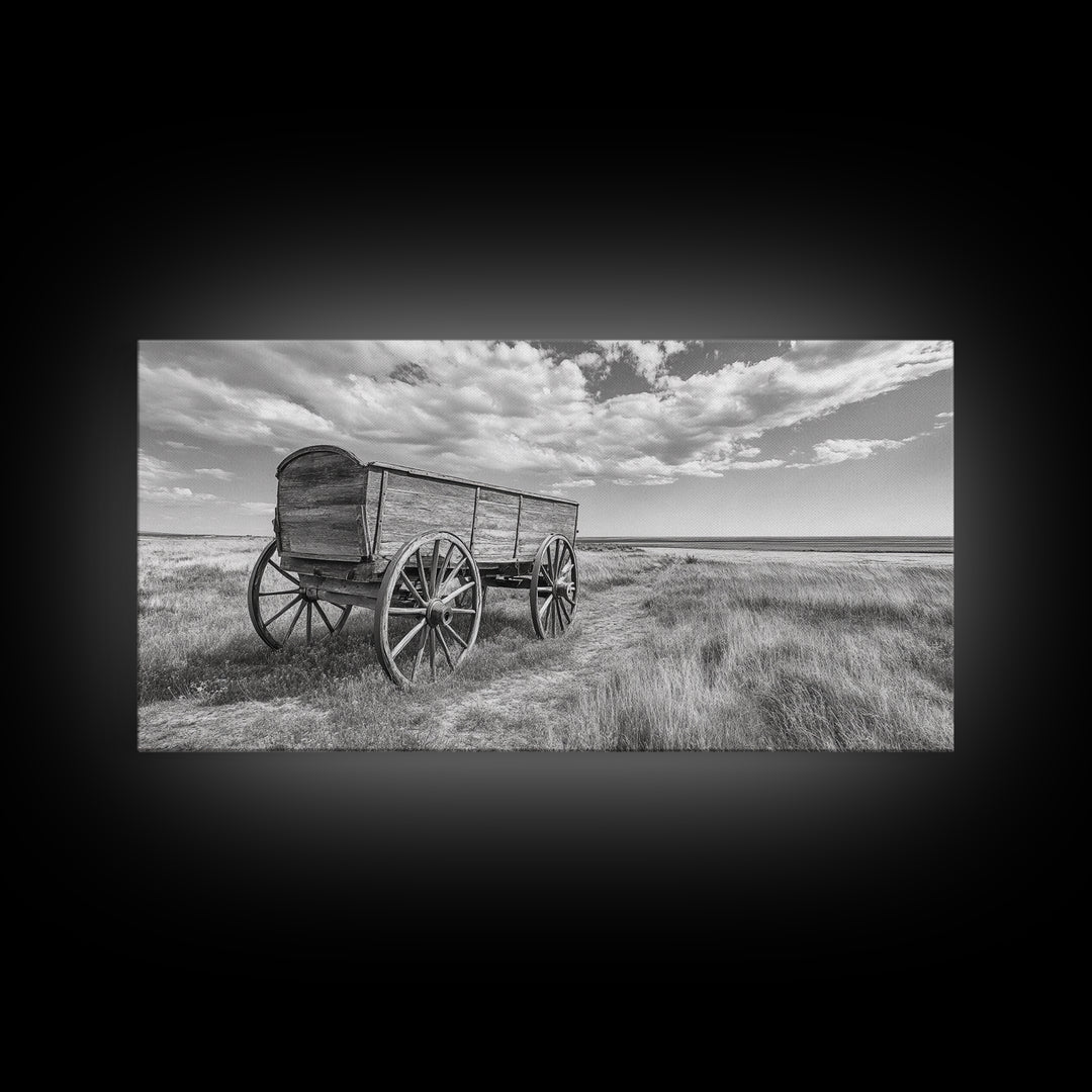 Prairie Wagon, Western Landscape, Old West Photography, Framed Canvas Print, Farmhouse Entryway or Rustic Fall Living Room Art