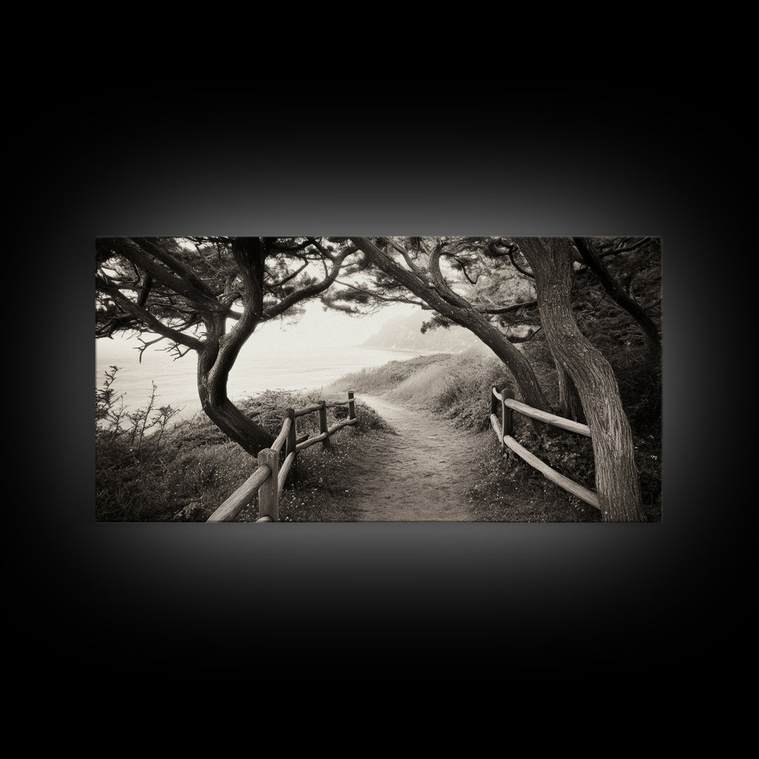 Ocean Cliff Path, Framed Trail Trees, Coastal Escape Scene, Framed Canvas Print, Boho Bedroom or Peaceful Hallway Wall Art, Entryway Accent