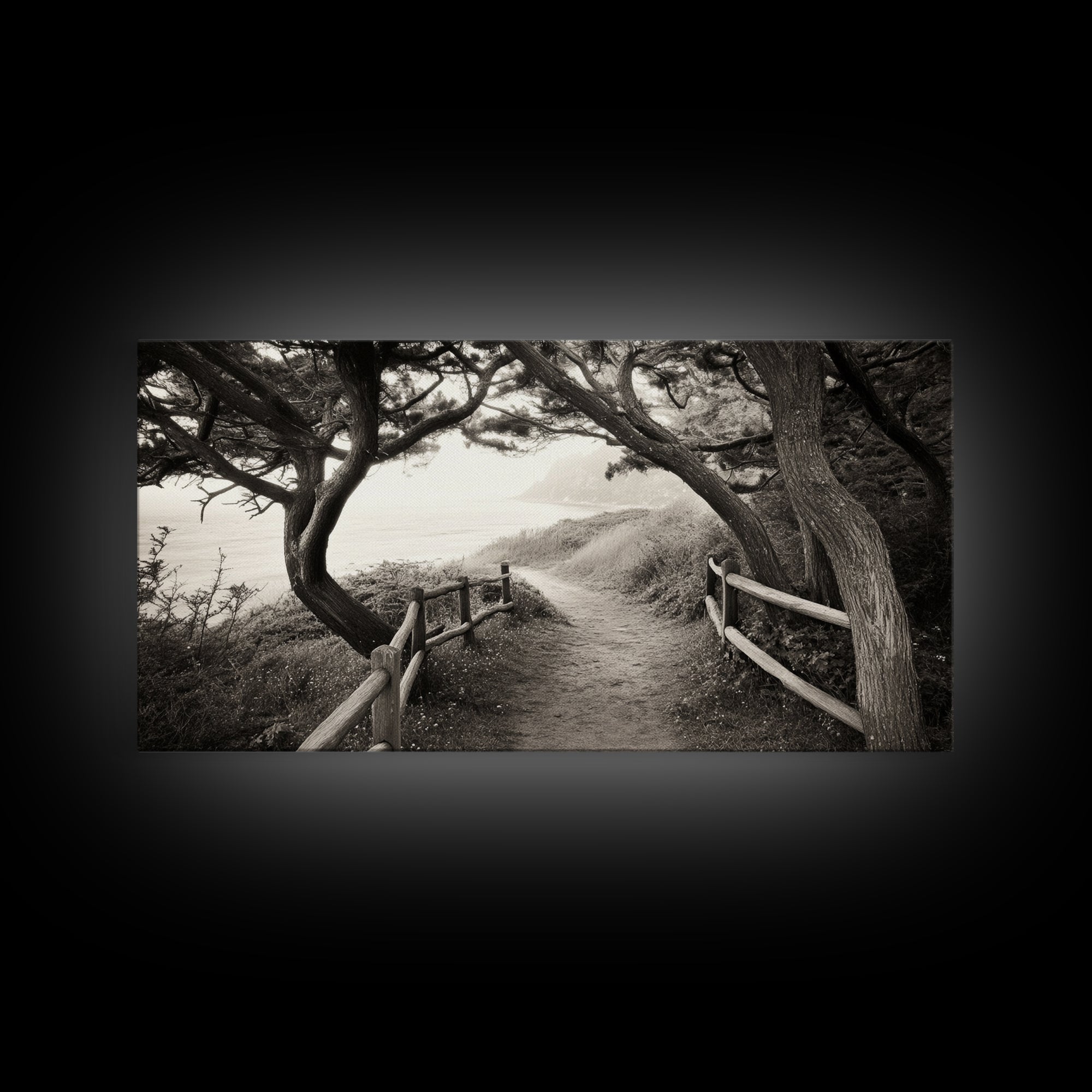 Ocean Cliff Path, Framed Trail Trees, Coastal Escape Scene, Framed Canvas Print, Boho Bedroom or Peaceful Hallway Wall Art, Entryway Accent
