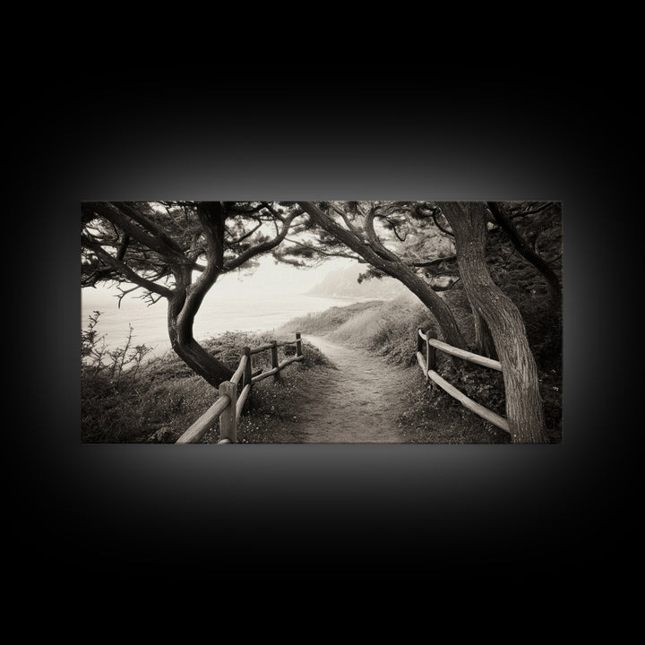 Ocean Cliff Path, Framed Trail Trees, Coastal Escape Scene, Framed Canvas Print, Boho Bedroom or Peaceful Hallway Wall Art, Entryway Accent