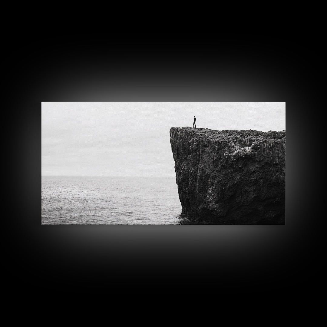 Ocean Cliff, Brave Explorer, Minimal Landscape, Adventure Wall Art, Framed Canvas Print, Modern Home Decor, Inspirational Office Art