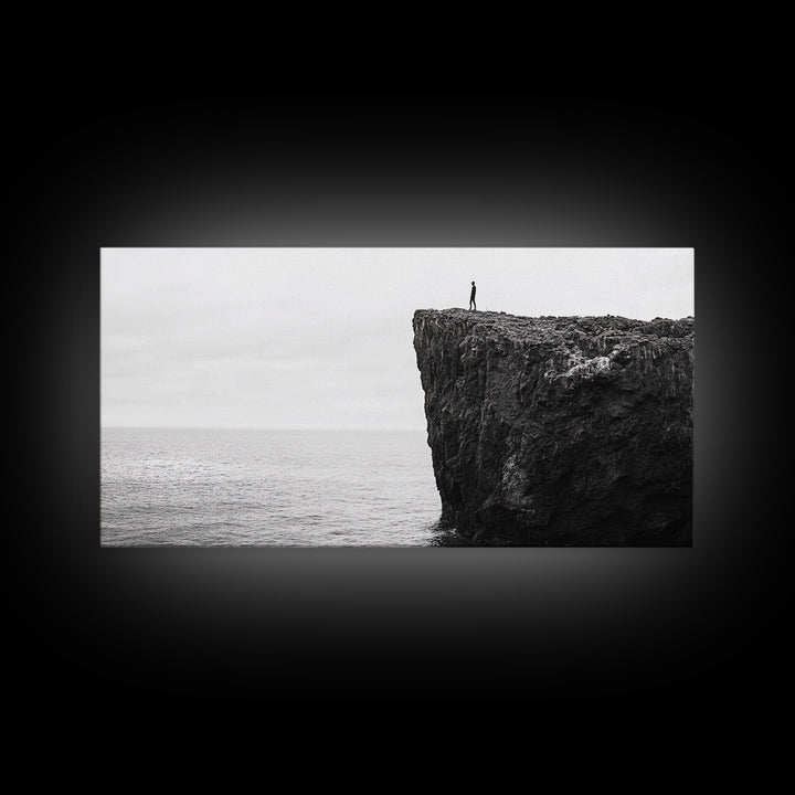 Ocean Cliff, Brave Explorer, Minimal Landscape, Adventure Wall Art, Framed Canvas Print, Modern Home Decor, Inspirational Office Art