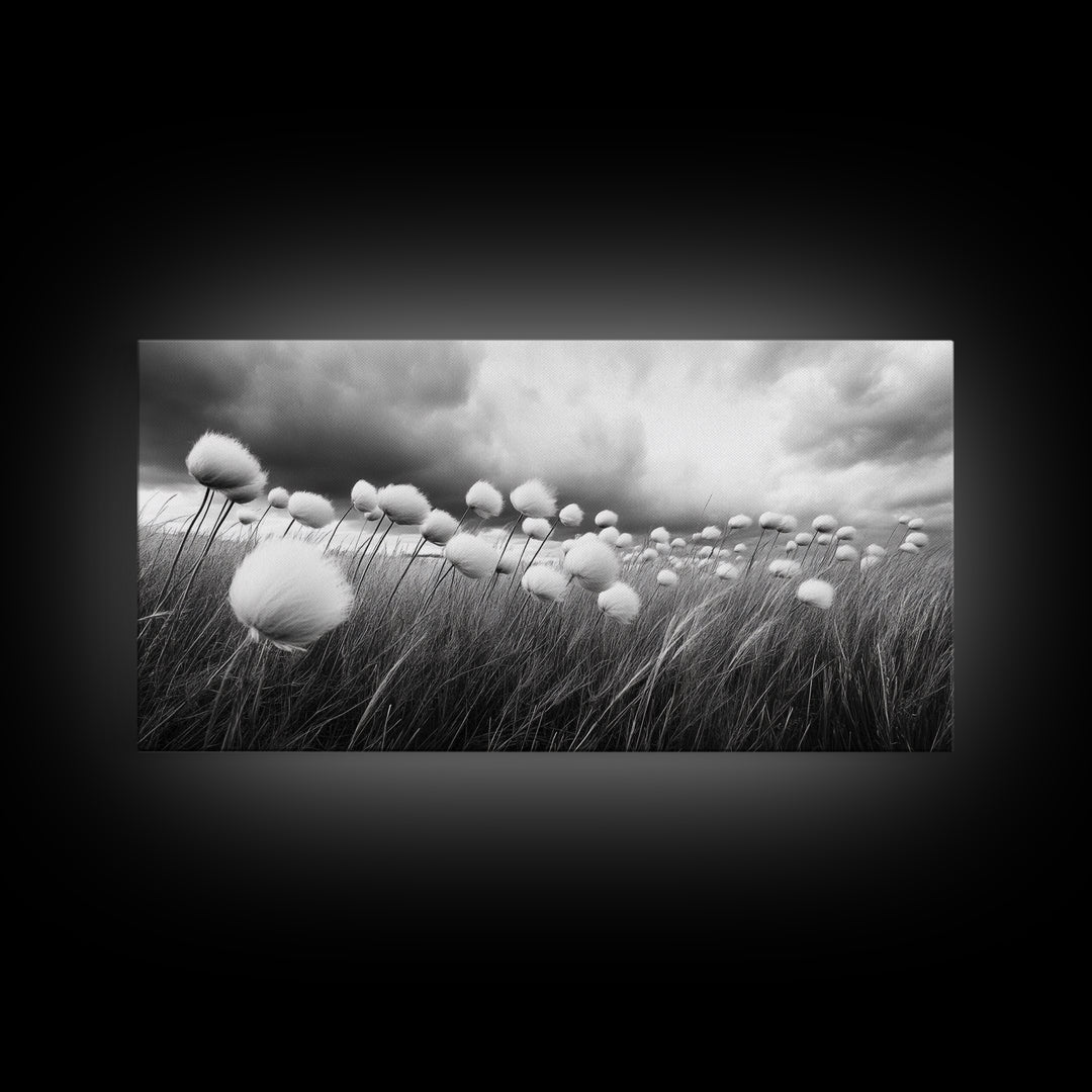 Cotton Grass Field, Stormy Sky Art, Botanical Monochrome, Minimalist Nature Print, Framed Canvas Print, Bedroom Wall Art, Nordic Style