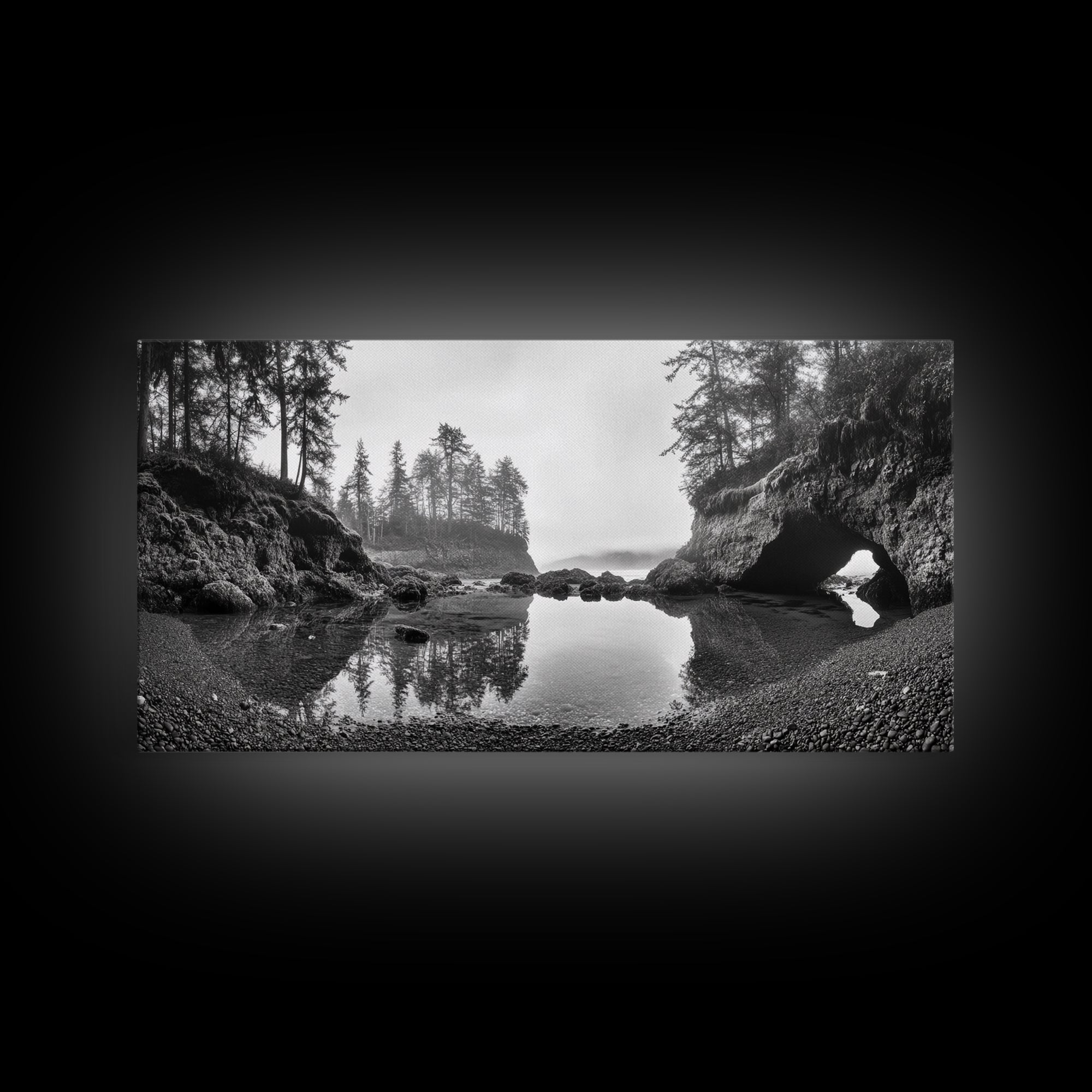 Coastal Cave Reflections, Misty Tidepool Scene, Moody Nature Landscape, Canvas Print, Living Room Wall Art, Black And White Art