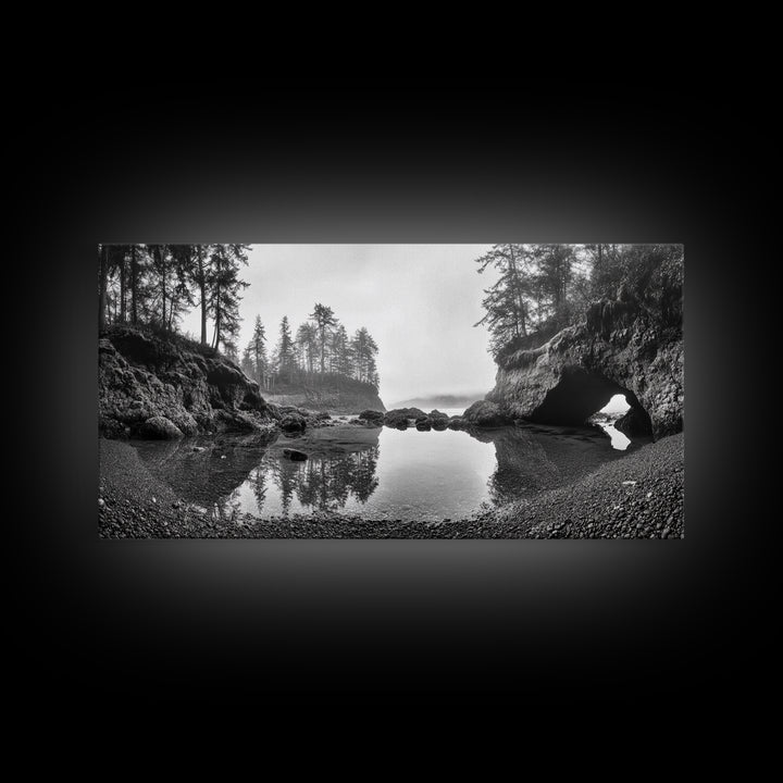 Coastal Cave Reflections, Misty Tidepool Scene, Moody Nature Landscape, Canvas Print, Living Room Wall Art, Black And White Art