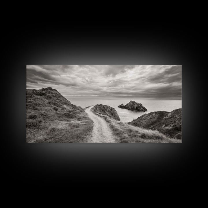 Coastal Cliff Path, Ocean View Trail, Windswept Grass Art, Seaside Wall Decor, Framed Canvas Print, Bedroom Art, Nature Lover Gift