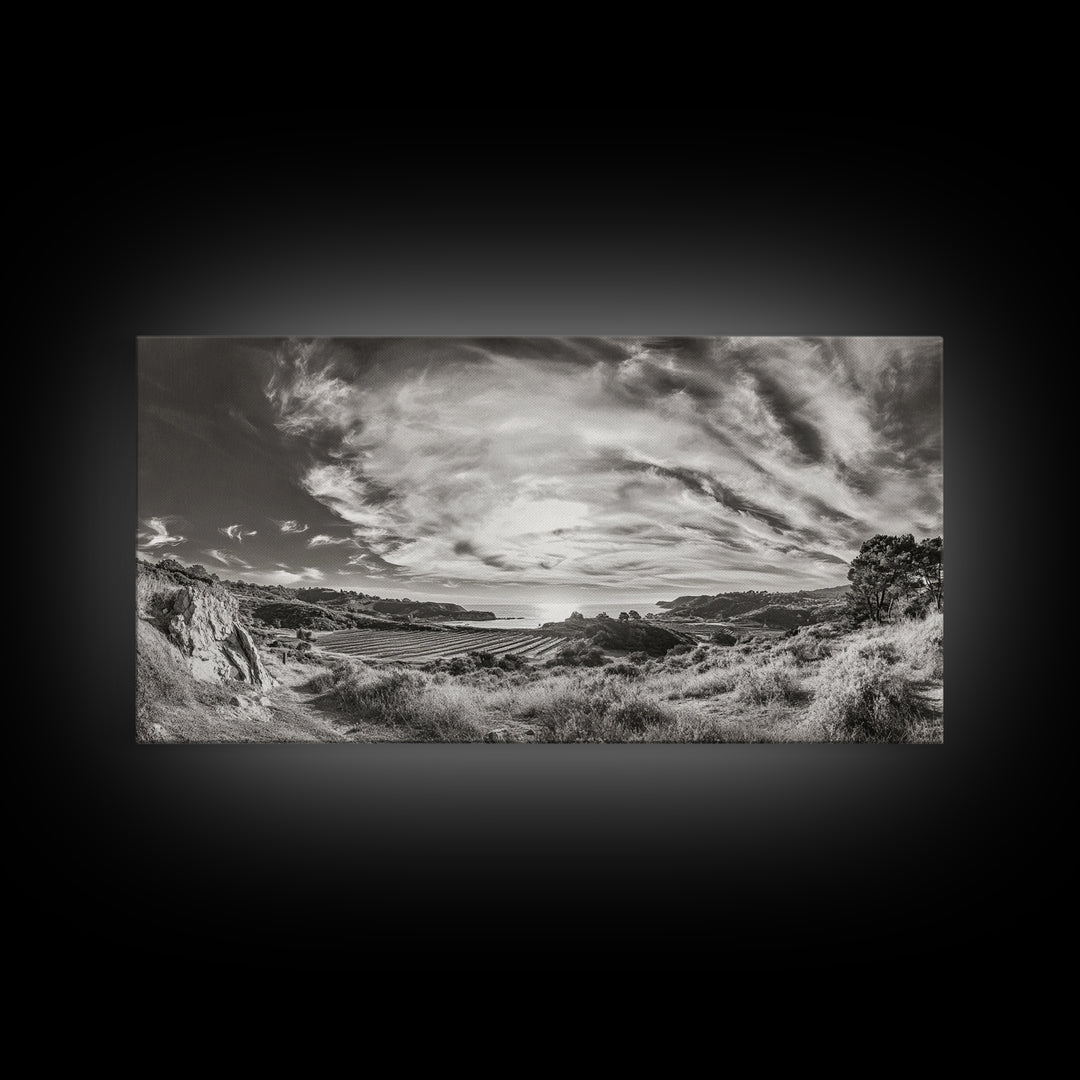 Coastal Hillside Sunset, Vineyard Ocean View, Rolling Landscape Art, Framed Canvas Print, Kitchen Wall Art, California Scenery