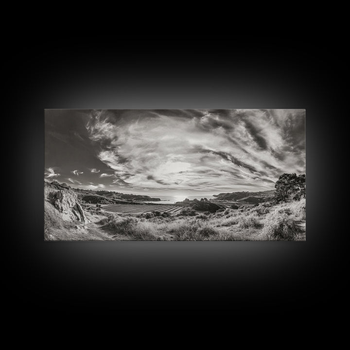 Coastal Hillside Sunset, Vineyard Ocean View, Rolling Landscape Art, Framed Canvas Print, Kitchen Wall Art, California Scenery