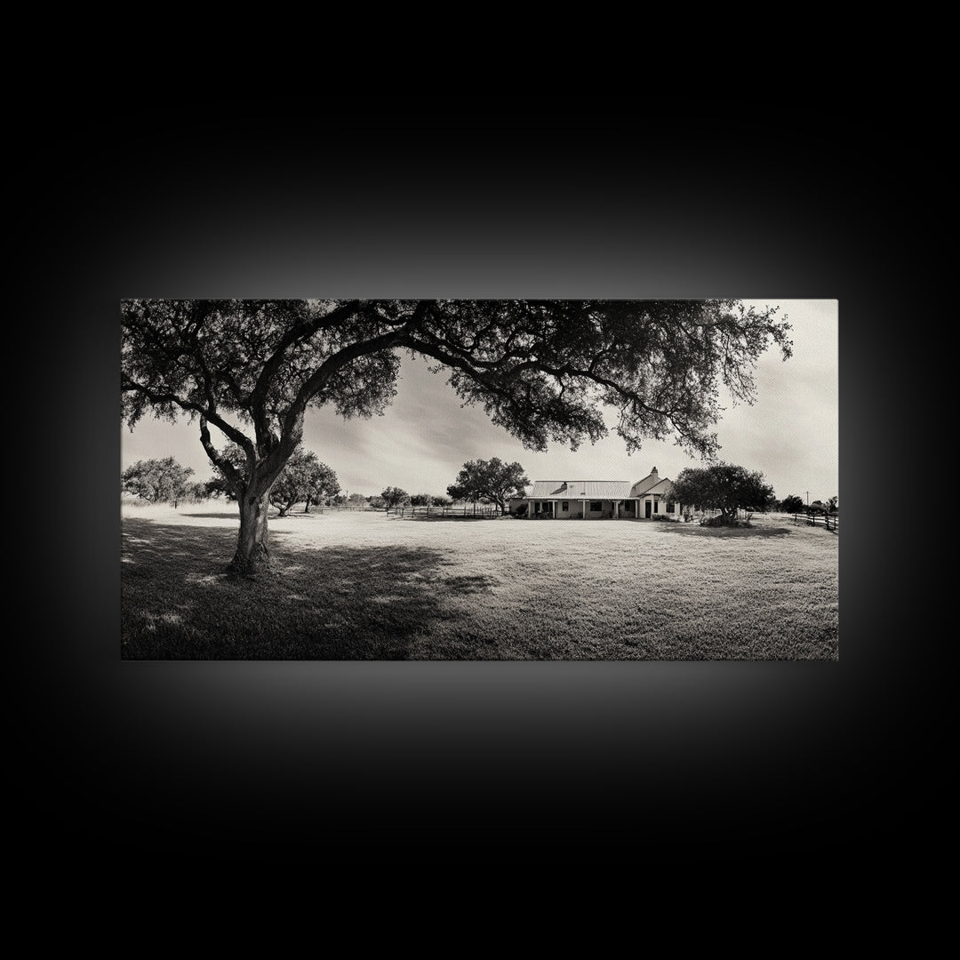 Country Farmhouse Shade, Texas Ranch Home, Oak Tree Horizon, Framed Canvas Print, Rustic Decor, Entryway or Dining Room Art