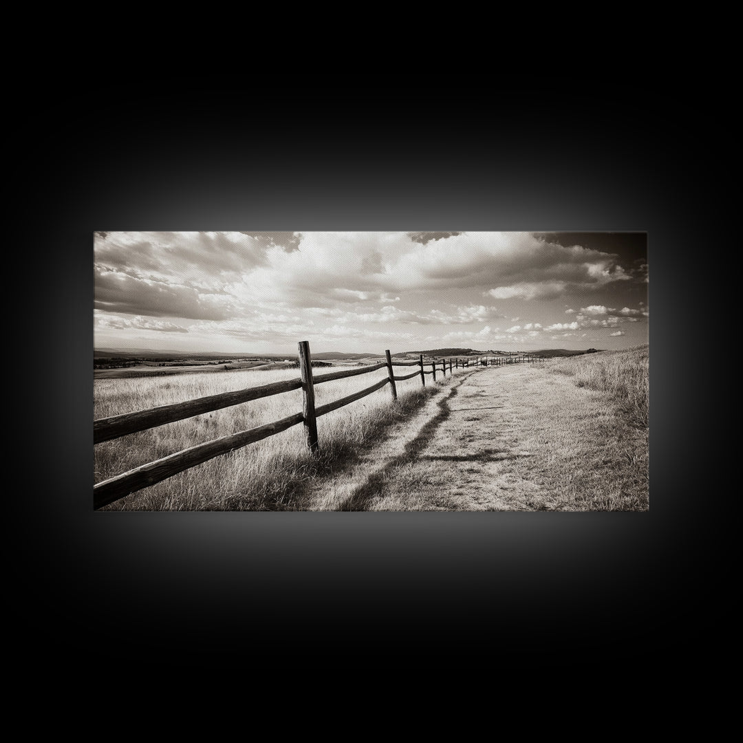 Countryside Fence Trail, Rolling Hills Walk, Prairie Path View, Framed Canvas Print, Western Art, Fall Wall Decor, Office Wall Art
