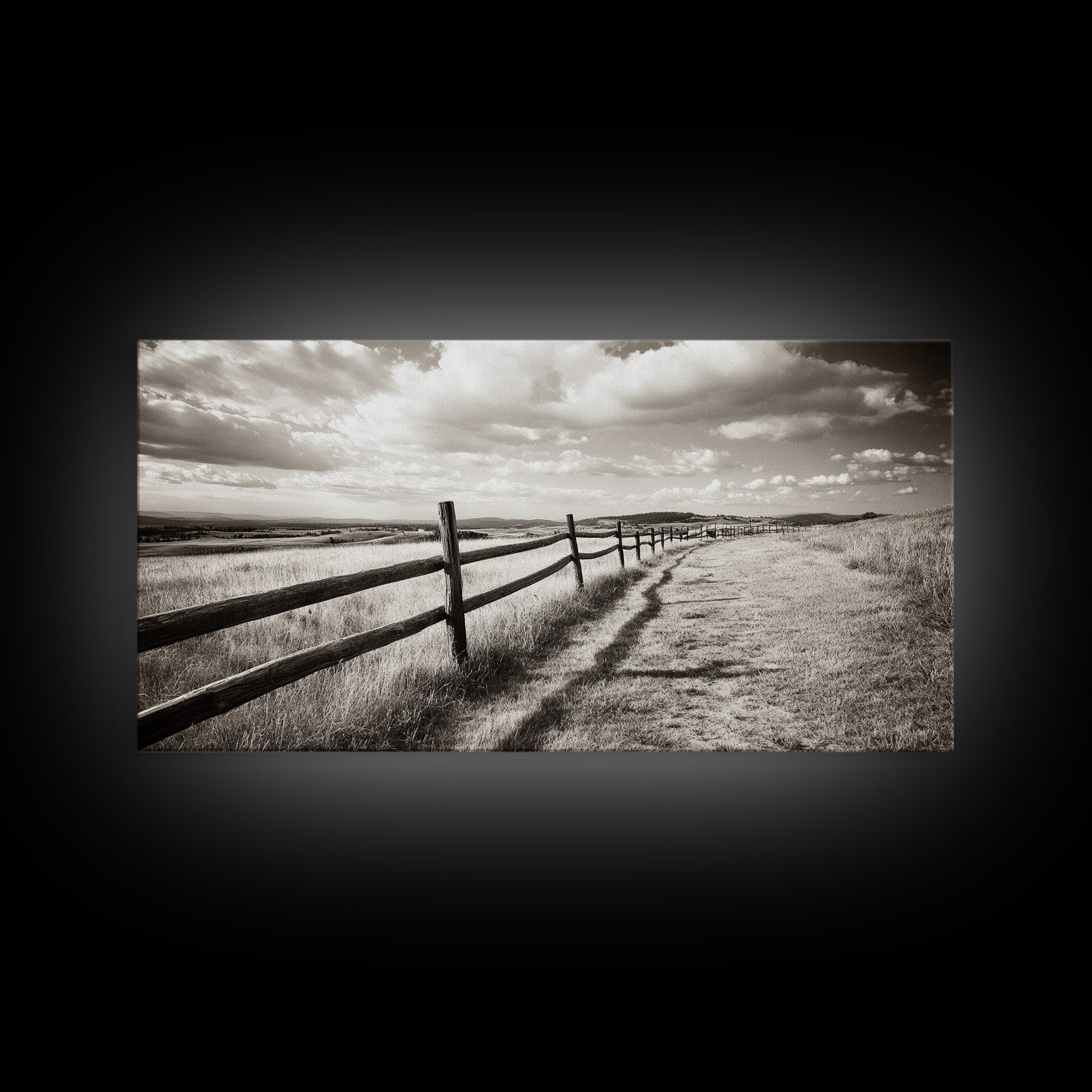 Countryside Fence Trail, Rolling Hills Walk, Prairie Path View, Framed Canvas Print, Western Art, Fall Wall Decor, Office Wall Art