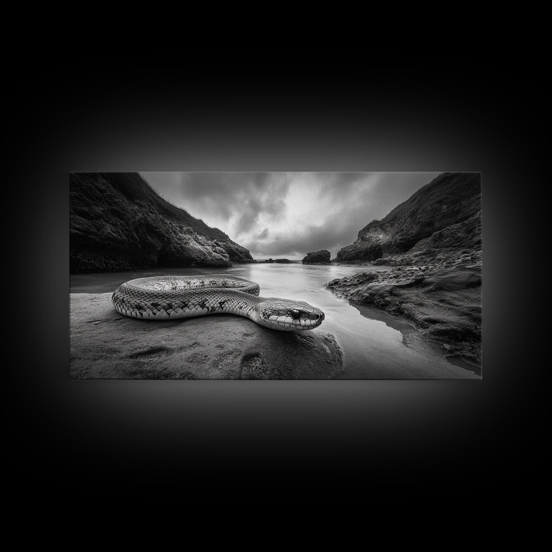 Ocean Snake Landscape, Coastal Creature Scene, Black and White Reptile, Framed Canvas Print, Moody Art, Bedroom or Den Decor