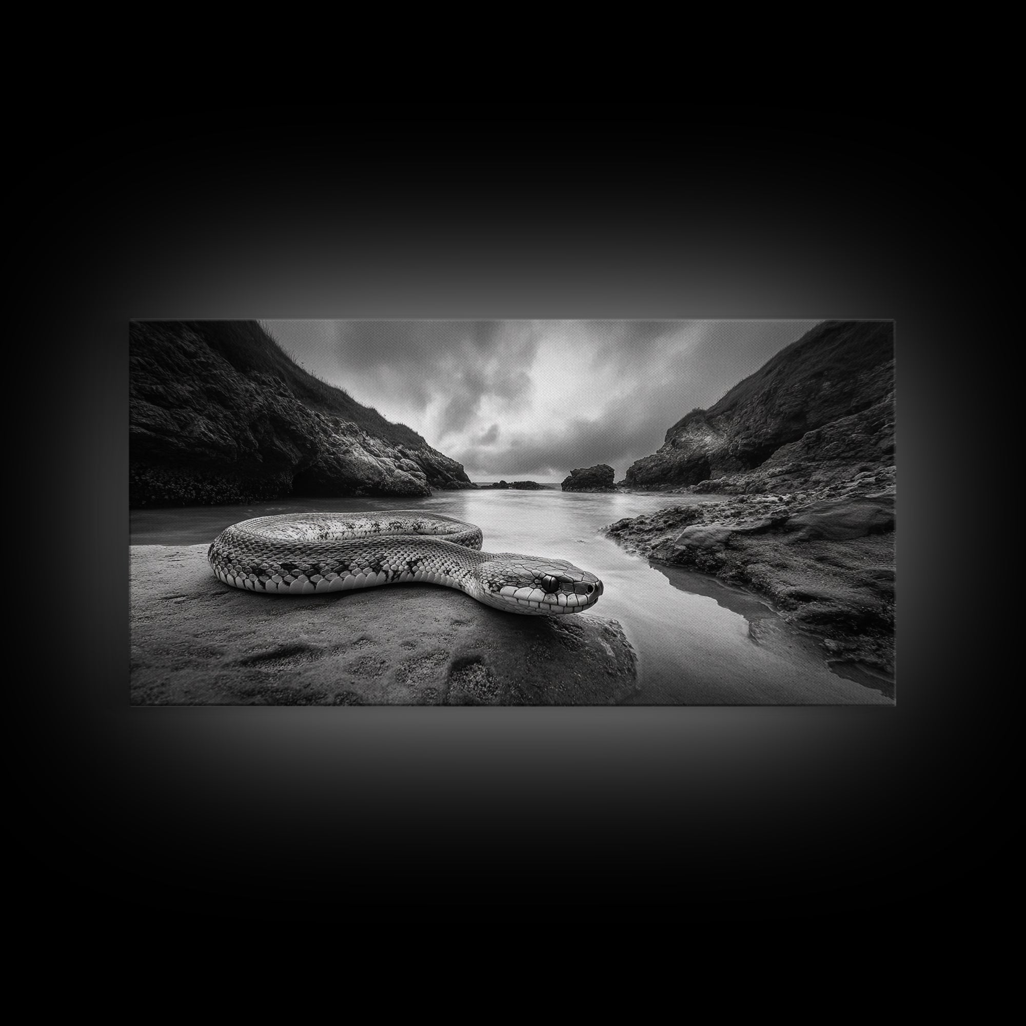 Ocean Snake Landscape, Coastal Creature Scene, Black and White Reptile, Framed Canvas Print, Moody Art, Bedroom or Den Decor