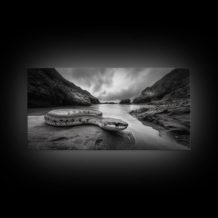 Ocean Snake Landscape, Coastal Creature Scene, Black and White Reptile, Framed Canvas Print, Moody Art, Bedroom or Den Decor