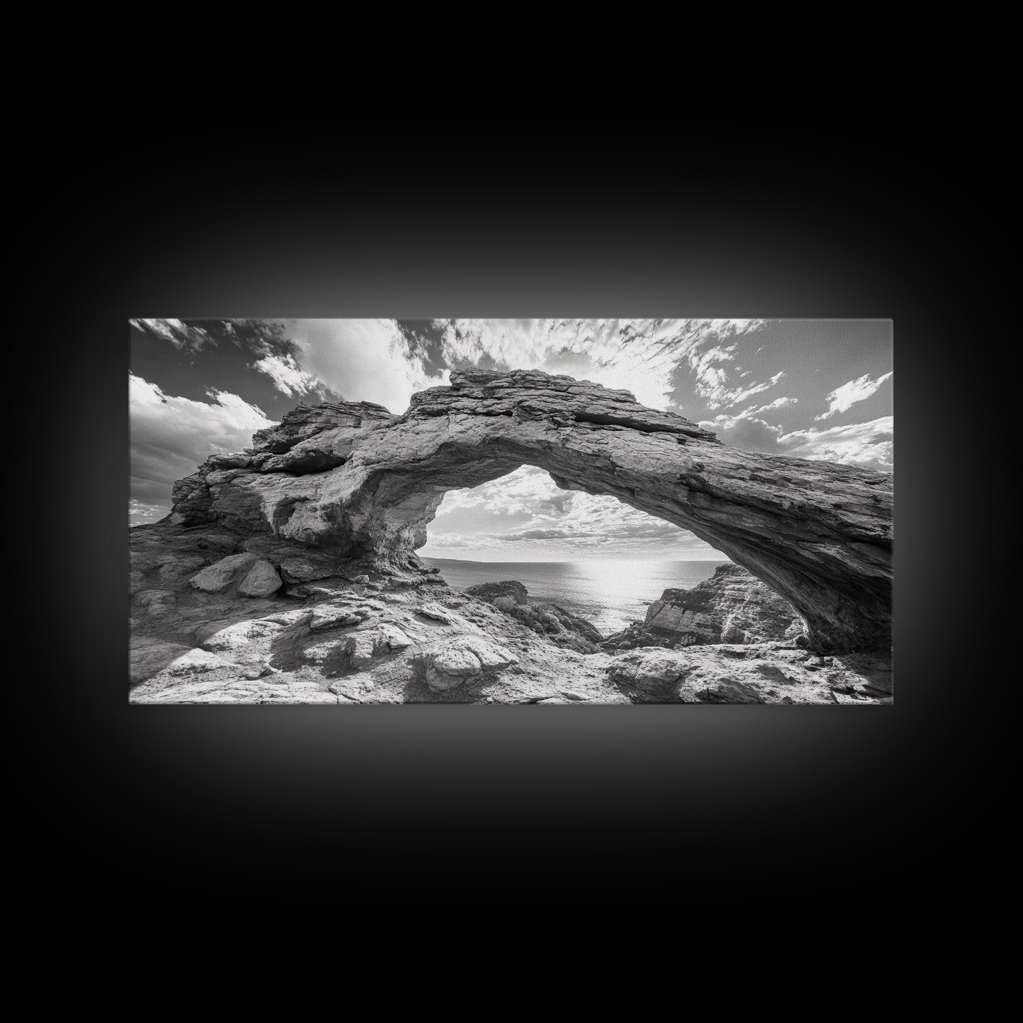 Natural Rock Arch, Seaside Cliff View, Desert Coastal Window, Framed Canvas Print, Boho Earth Tones, Living Room Wall Decor