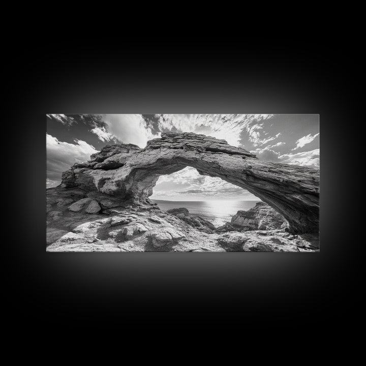 Natural Rock Arch, Seaside Cliff View, Desert Coastal Window, Framed Canvas Print, Boho Earth Tones, Living Room Wall Decor