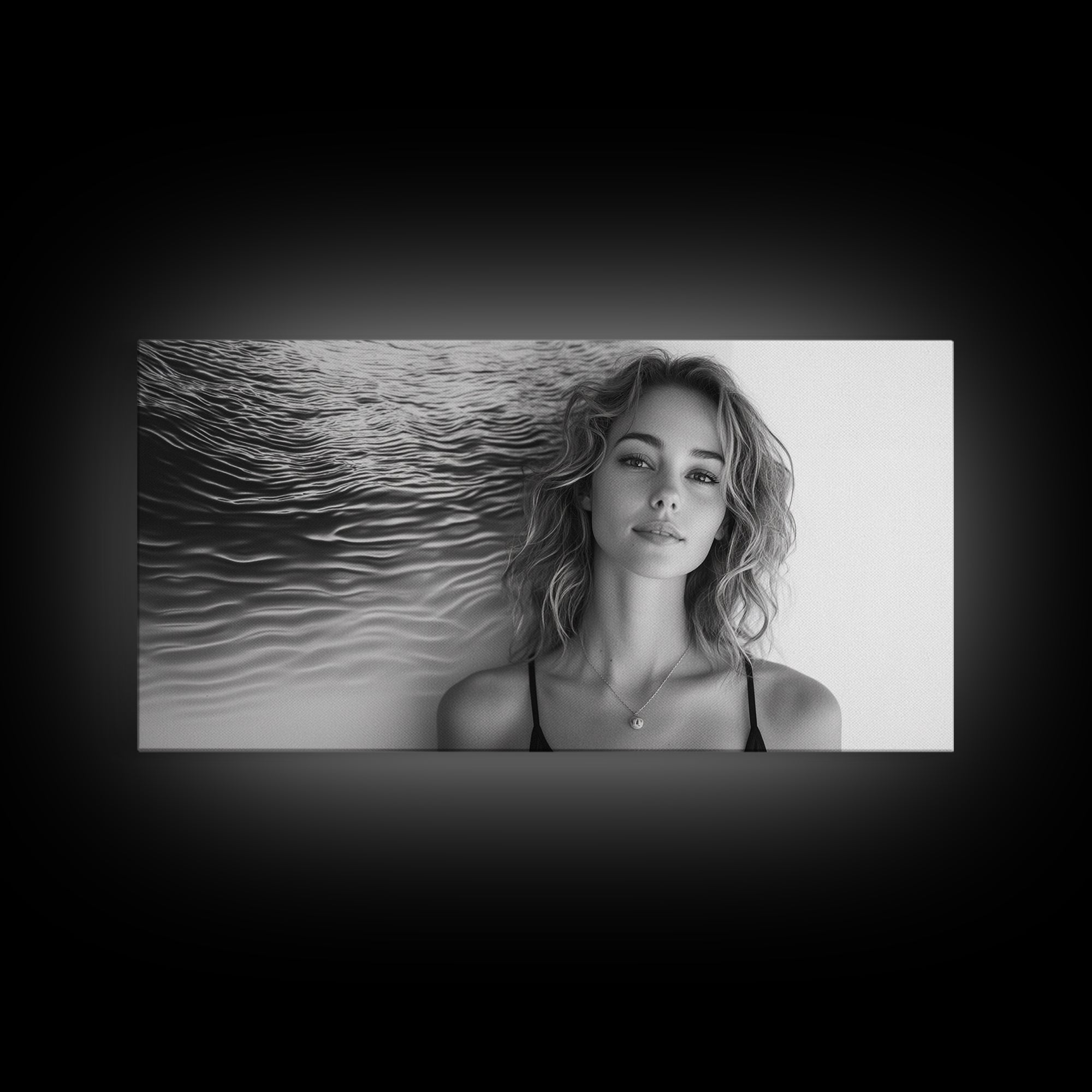 Ocean Texture, Abstract Waves, Modern Female, Artistic Portrait, Canvas Print, fashion wall art, glam room decor, minimal black white