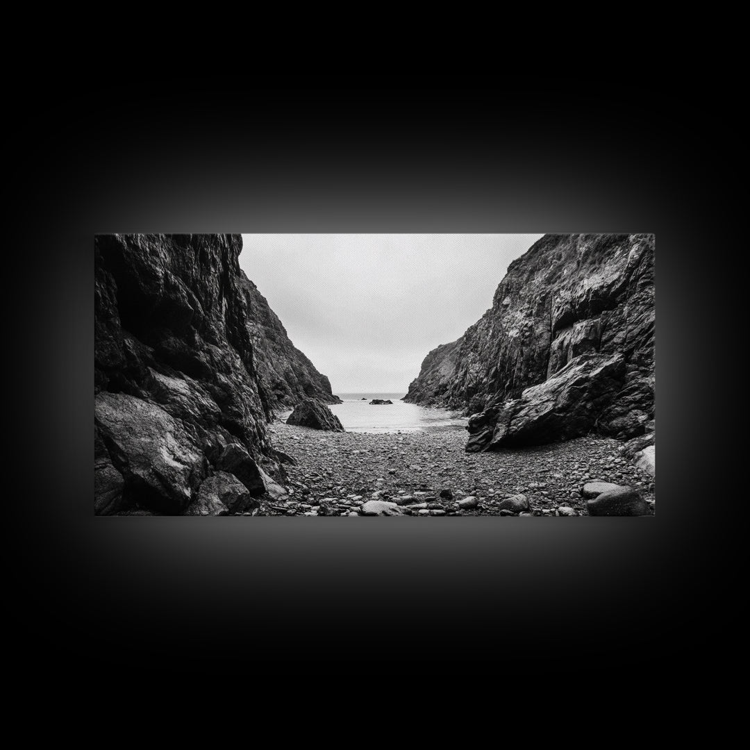 Rocky Cove, Ocean Gap, Cliffside Path, Secluded Coast, Framed Canvas Print, adventure wall art, man cave, grayscale wilderness print